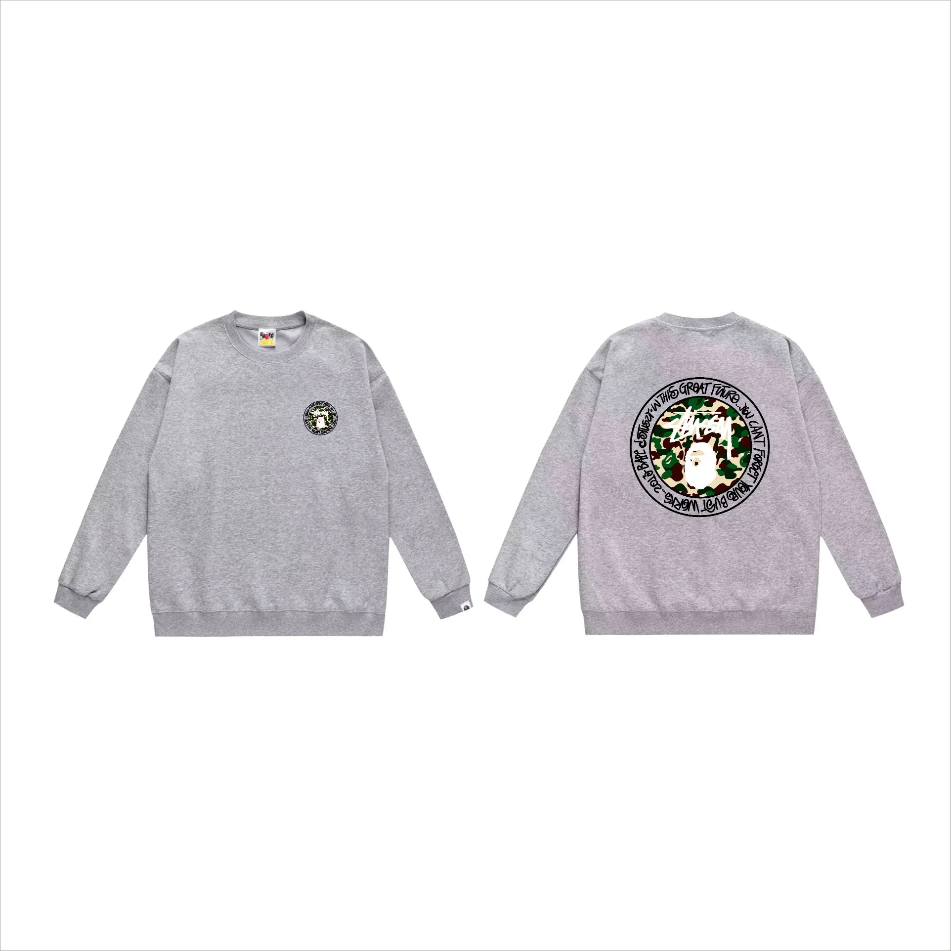 P150 model number SC519# terry 75 plus velvet 80 (top version) BAPE×STUSSY co-branded Stussy letter round neck sweatshirt Made of 350g large terry (drop shoulder large version) fabric, soft texture and non-pilling Imported environmentally friendly printing glue The pattern is bright and three-dimensional Quality 💥Same style for men and women The upper body is fashionable Color: black white gray Size: S M L XL XXL