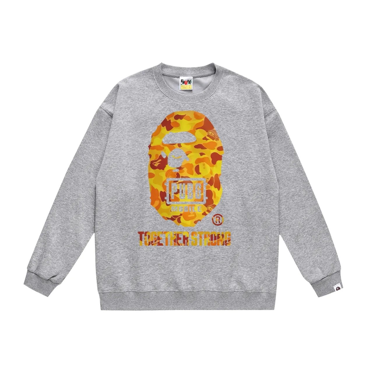 P150 model number SC472# terry 75 plus velvet 80 (top version) BAPE Peace Elite chicken joint orange camouflage great ape head round neck sweatshirt Made of 350g large terry (drop shoulder large version) fabric, soft texture and no pilling Imported environmentally friendly printing glue The pattern is bright and three-dimensional Quality 💥Same style for men and women The upper body is trendy Color: black white gray Size: S M L XL XXL