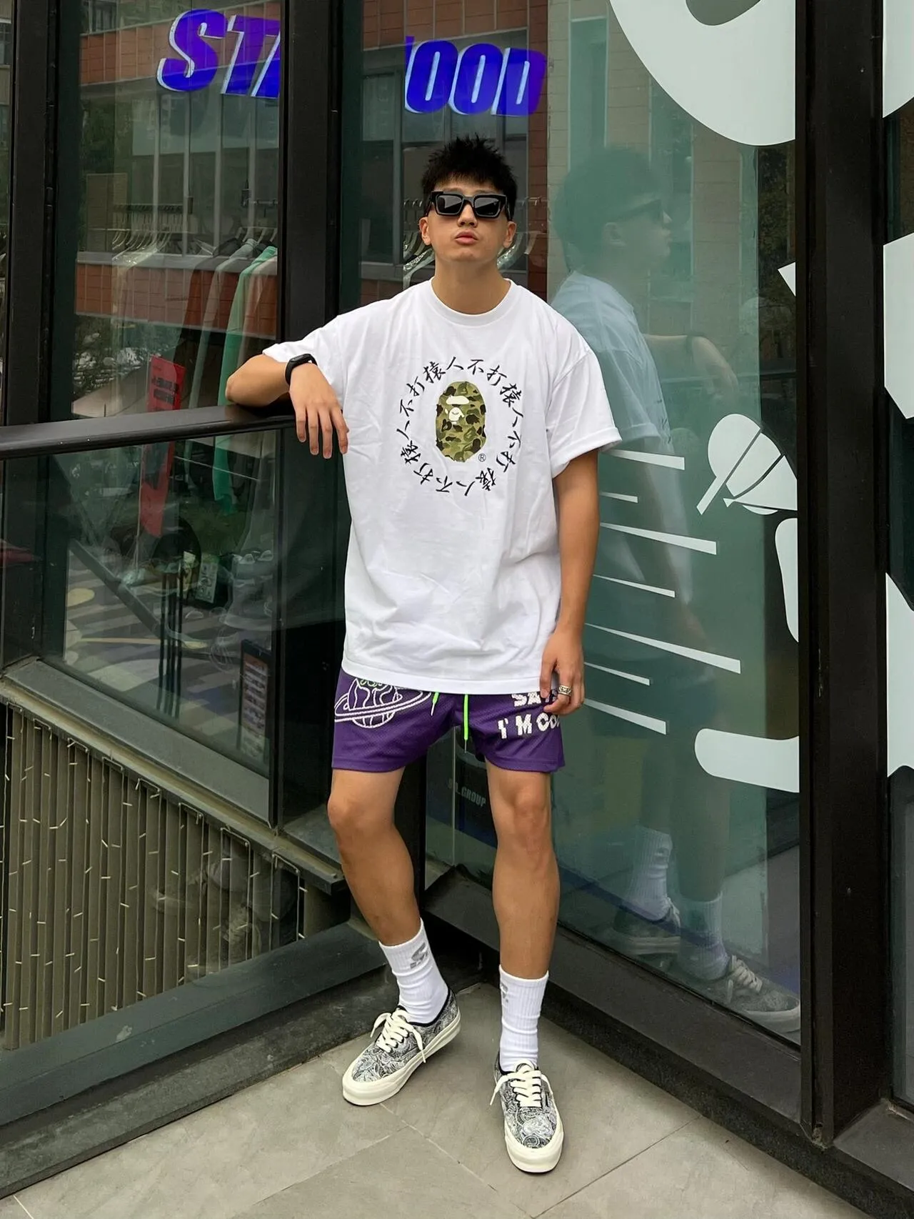 💰140 Bape 10th Anniversary Ink Camouflage Apes Don’t Fight Apes Customized Linen Cotton Fabric 280g Weight Couple Style: S—XXL [Black White]