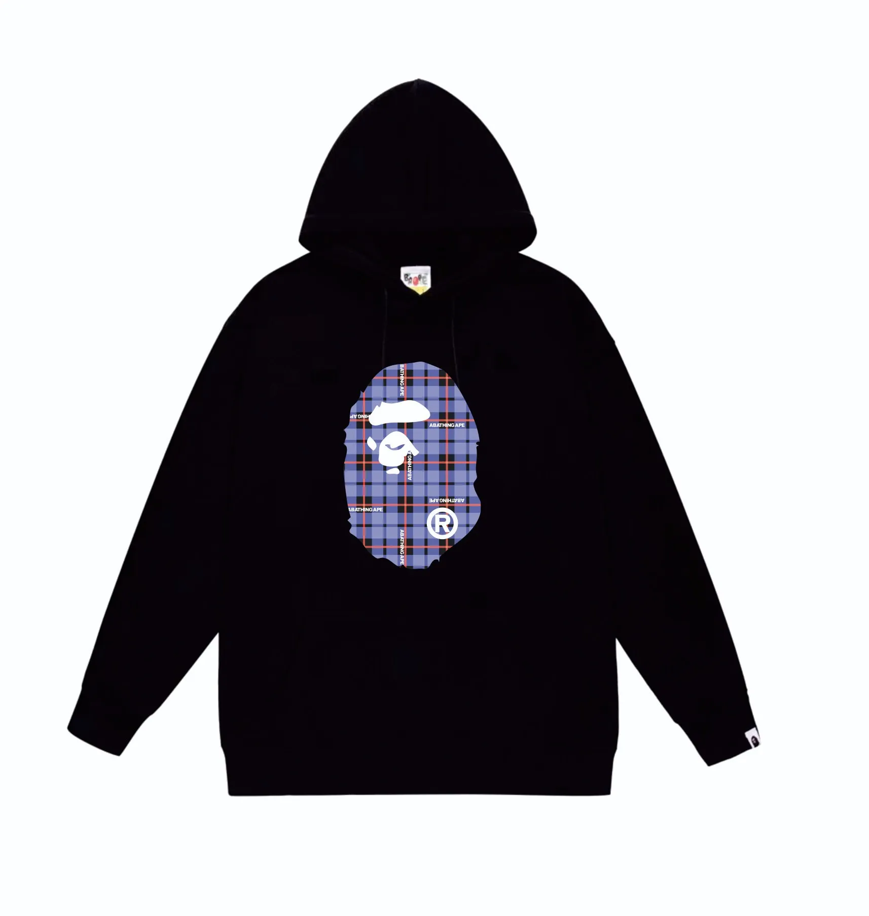 P160 model number SC825# terry 80 plus velvet 90 (top version) BAPE ape head plaid printed pattern hooded sweatshirt. Made of 380g large terry (drop shoulder large version) fabric. The texture is soft and non-pilling. Imported environmentally friendly printing glue. The pattern is bright and three-dimensional. Quality 💥Same style for men and women. The upper body is trendy. Color: Black White Gray Size: S M L XL XXL