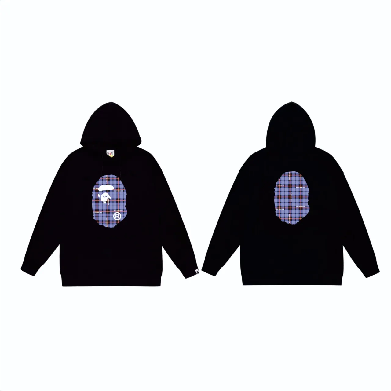 P160 model number SC825# terry 80 plus velvet 90 (top version) BAPE ape head plaid printed pattern hooded sweatshirt. Made of 380g large terry (drop shoulder large version) fabric. The texture is soft and non-pilling. Imported environmentally friendly printing glue. The pattern is bright and three-dimensional. Quality 💥Same style for men and women. The upper body is trendy. Color: Black White Gray Size: S M L XL XXL