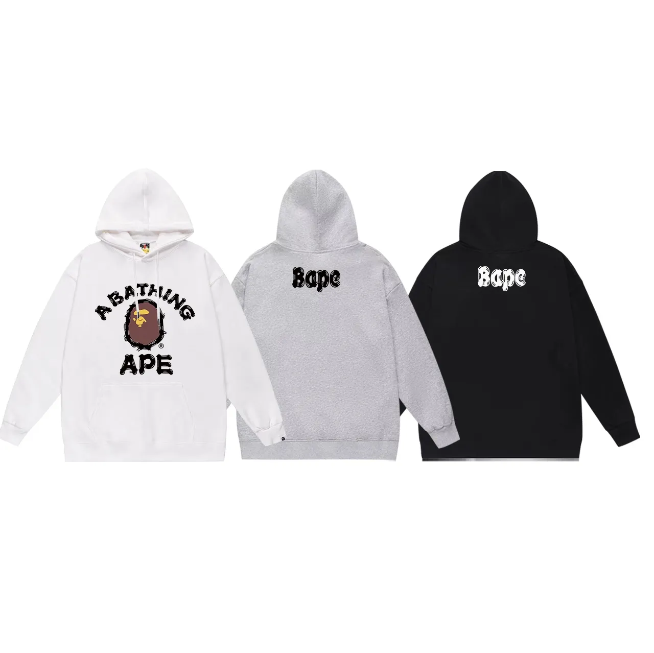 P190 model number SC612# terry 85 plus velvet 95 (top version) BAPE ape-man head classic letter double-sided printed hooded sweatshirt. Made of 380g large terry 430g silver fox velvet (drop shoulder large version) fabric. The texture is soft and non-pilling. Imported environmentally friendly printing glue. The pattern is bright and three-dimensional. Quality 💥Same style for men and women. The upper body is trendy. Color: black white gray Size: S M L XL XXL