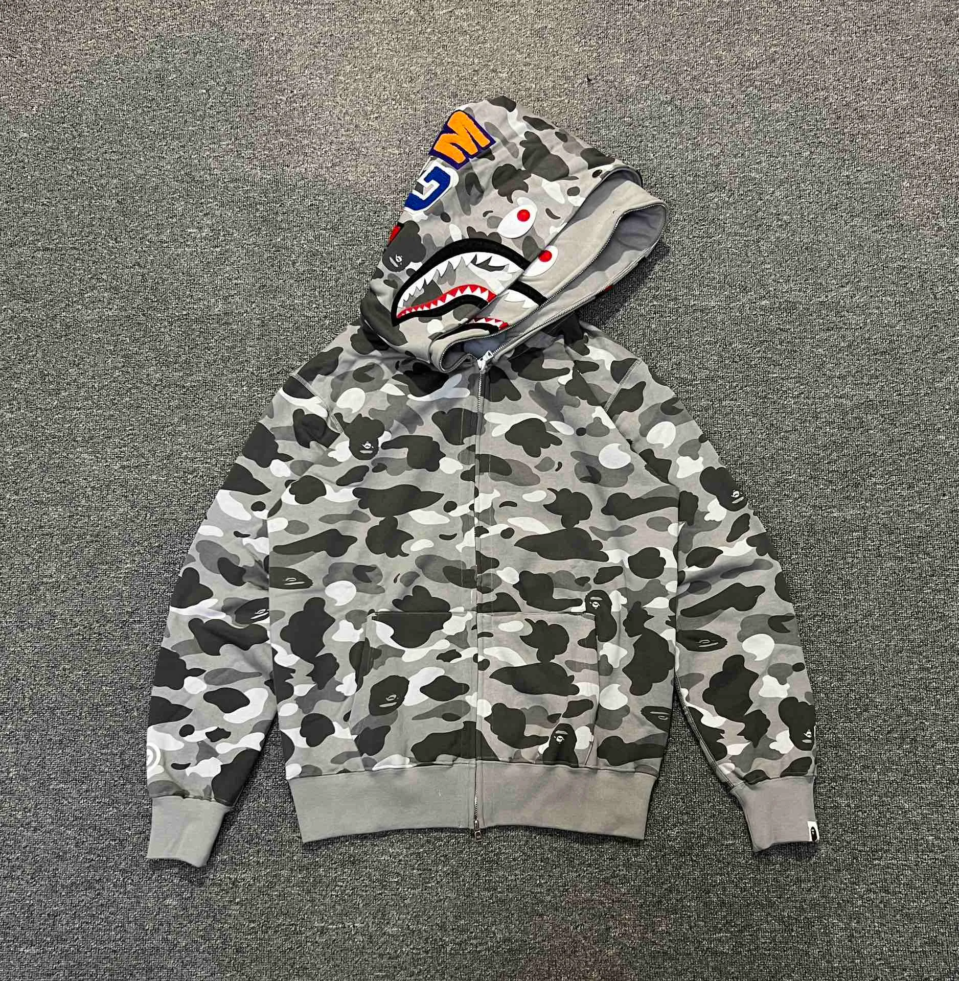 💰440 BAPE WGM letter patch camouflage pattern double hooded zipper sweatshirt High weight pure cotton custom fabric 1:1 heavyweight couple model: S-XXL [camouflage green, camouflage gray]