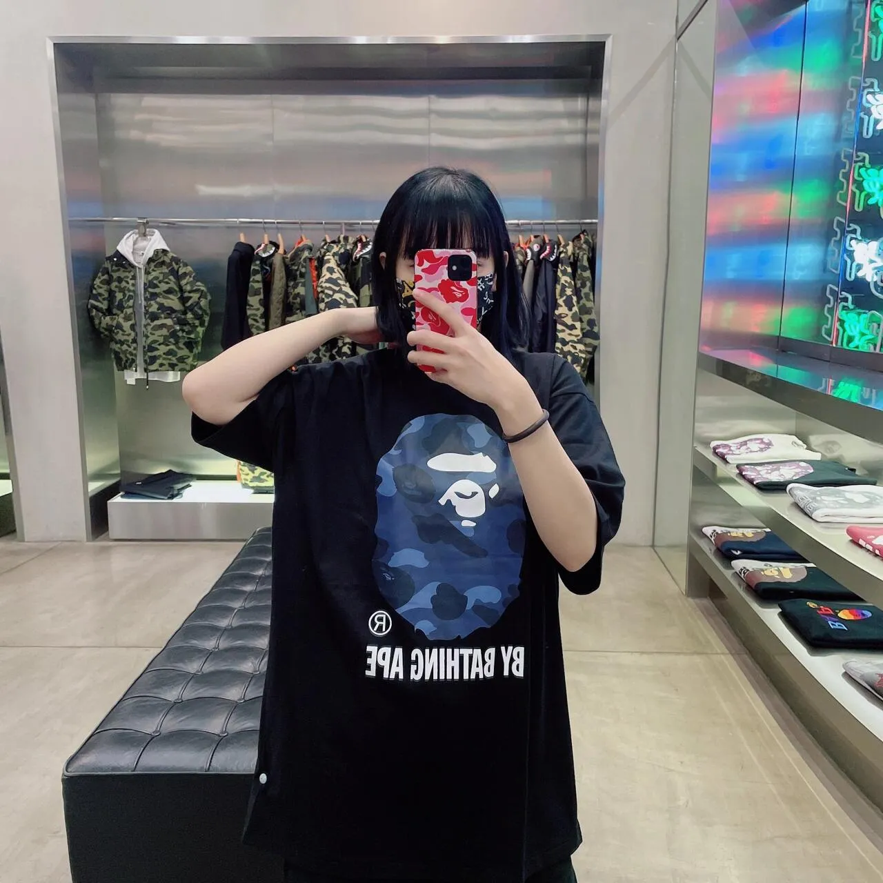 💰140 BAPE camouflage great ape letter print short-sleeved T-shirt 280g weight linen cotton fabric Couple style: S-XXL [white blue black blue white red black red white purple black purple]