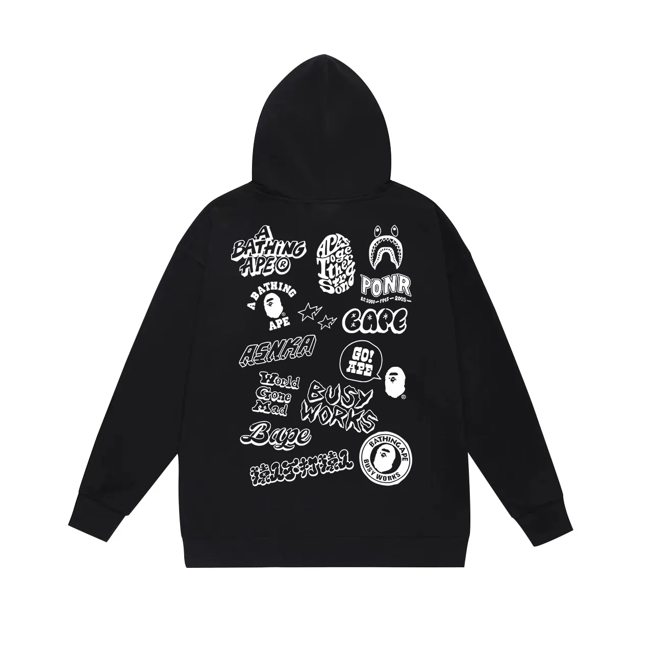 Model No. SC655# Terry p160 plus velvet p180💰 (top version) BAPE hooded sweatshirt with ape head letters graffiti logo printing on the back. Made of 380g large terry 430g silver fox velvet (drop shoulder large version) fabric. The texture is soft and non-pilling. Imported environmentally friendly printing glue. The pattern is bright and three-dimensional. Quality💥Same style for men and women. The upper body is trendy. Color: black white gray Size: S M L XL XXL