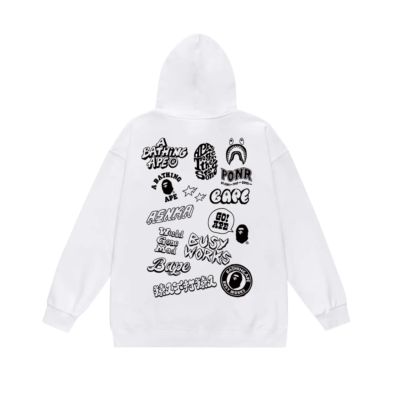 Model No. SC655# Terry p160 plus velvet p180💰 (top version) BAPE hooded sweatshirt with ape head letters graffiti logo printing on the back. Made of 380g large terry 430g silver fox velvet (drop shoulder large version) fabric. The texture is soft and non-pilling. Imported environmentally friendly printing glue. The pattern is bright and three-dimensional. Quality💥Same style for men and women. The upper body is trendy. Color: black white gray Size: S M L XL XXL