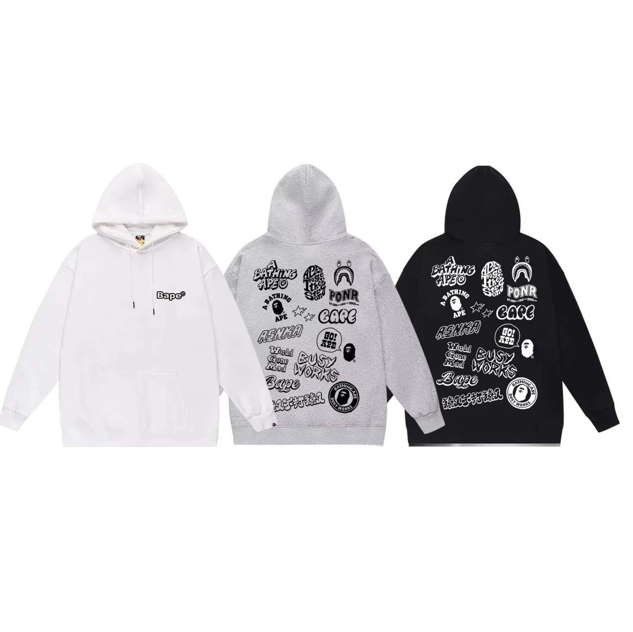 Model No. SC655# Terry p160 plus velvet p180💰 (top version) BAPE hooded sweatshirt with ape head letters graffiti logo printing on the back. Made of 380g large terry 430g silver fox velvet (drop shoulder large version) fabric. The texture is soft and non-pilling. Imported environmentally friendly printing glue. The pattern is bright and three-dimensional. Quality💥Same style for men and women. The upper body is trendy. Color: black white gray Size: S M L XL XXL