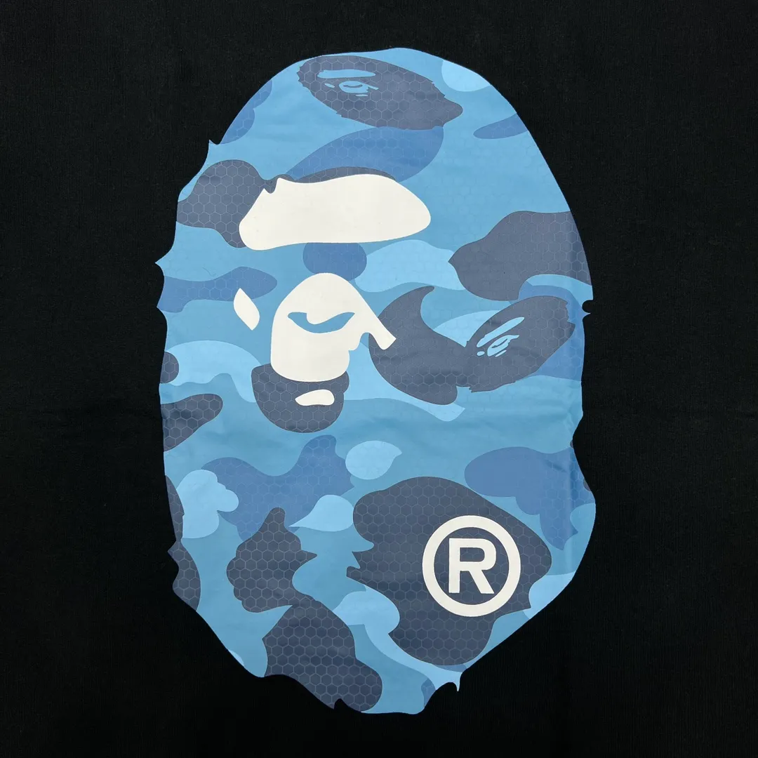 💰140 Bape Honeycomb Camouflage Letters Great Ape Head Double-sided Printing Linen Cotton 280g Customized Fabric Couple Style: S—XXL [Black Blue White Blue Black Gray White Gray]