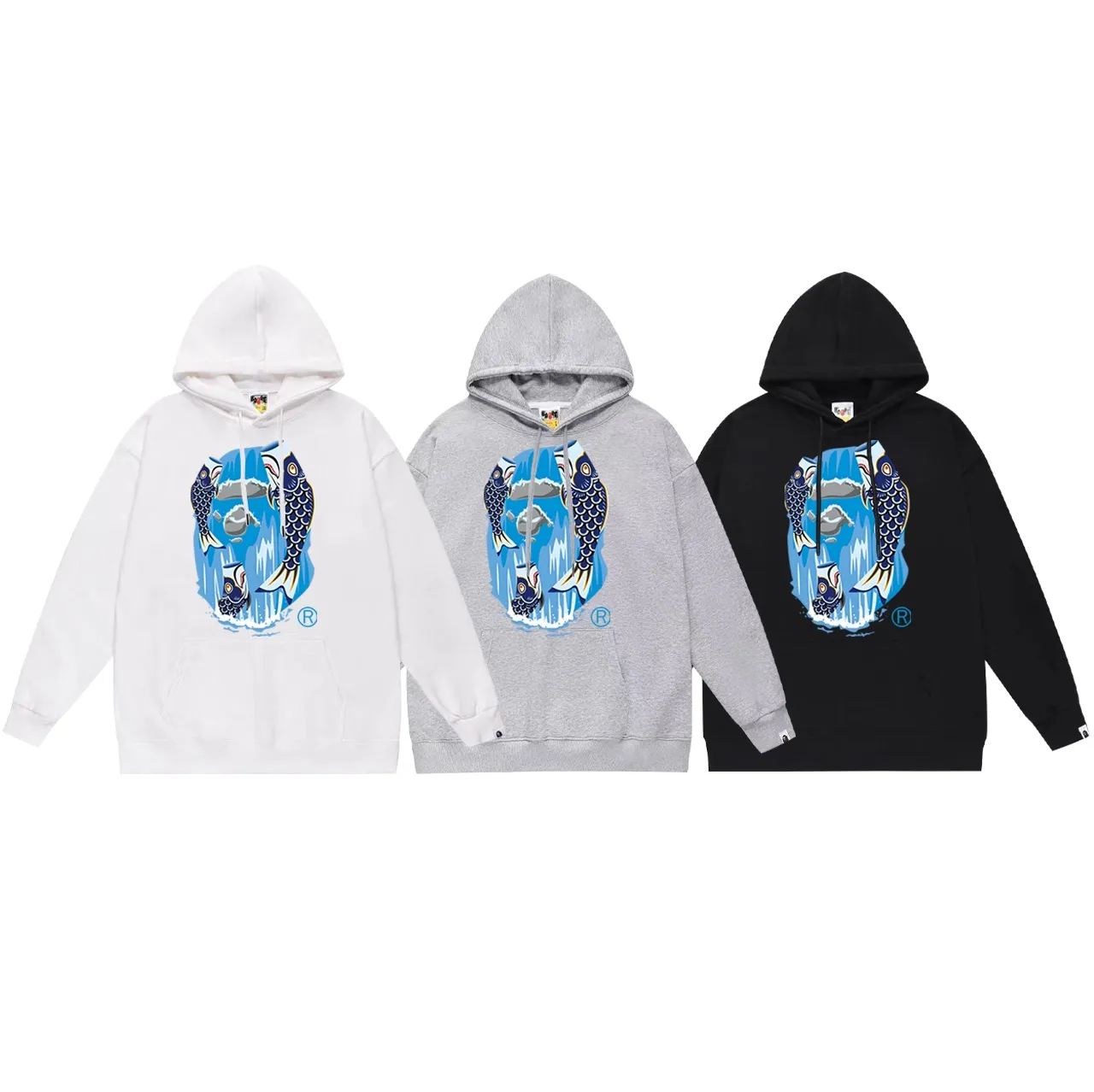 Style number SC700#terry p160 plus velvet p180💰 (top version) BAPE carp streamer waterfall ape head print hooded sweatshirt Made of 380g large terry 430g silver fox velvet (drop shoulder large version) fabric, soft and non-pilling, imported environmentally friendly printing glue, bright and three-dimensional pattern, quality💥Same style for men and women, the upper body is trendy Color: black white gray Size: S M L XL XXL