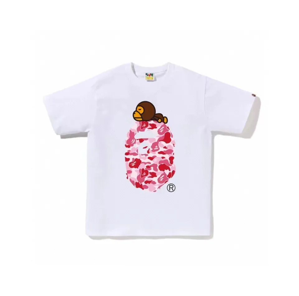 P110 00102 model BAPE SS25 ABC CAMO series ape head orangutan pattern letter print cuff logo camouflage short-sleeved T-shirt same style for men and women code number smlxlxxl white pink, black pink