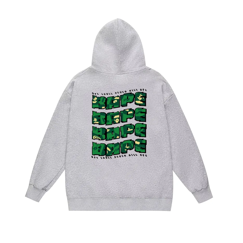 P190 model number SC619# terry 85 plus velvet 95 (top version) BAPE ape head letter printed hooded sweatshirt. Made of 380g large terry (drop shoulder large version) fabric. The texture is soft and non-pilling. Imported environmentally friendly printing glue. The pattern is bright and three-dimensional. Quality 💥Same style for men and women. The upper body is trendy. Color: black white gray Size: S M L XL XXL