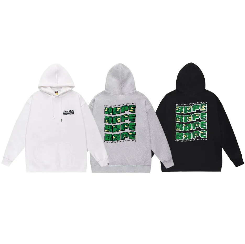P190 model number SC619# terry 85 plus velvet 95 (top version) BAPE ape head letter printed hooded sweatshirt. Made of 380g large terry (drop shoulder large version) fabric. The texture is soft and non-pilling. Imported environmentally friendly printing glue. The pattern is bright and three-dimensional. Quality 💥Same style for men and women. The upper body is trendy. Color: black white gray Size: S M L XL XXL