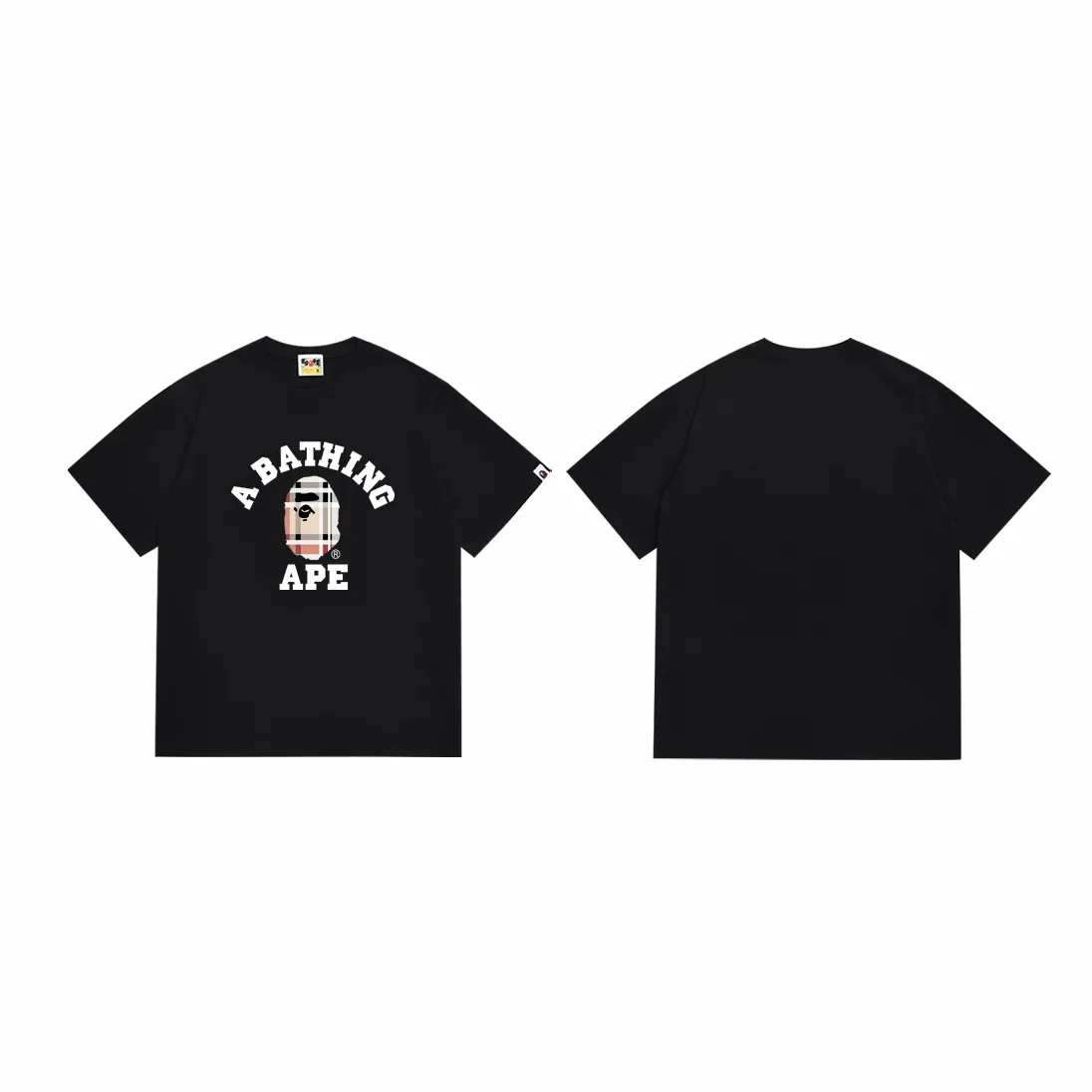 P110 001185 BAPE plaid ape print round neck short-sleeved T-shirt, same style for men and women, size smlxlxxl, black and white