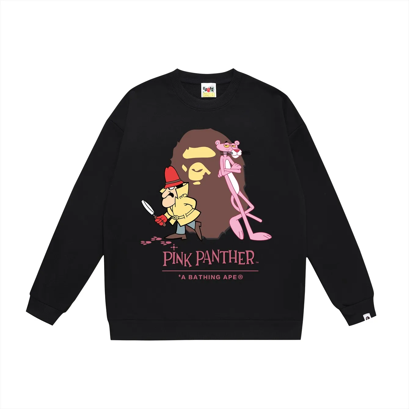P150 model number SC481# terry 75 plus velvet 80 (top version) BAPE KIDS co-branded pink panther ape head print round neck sweatshirt. Made of 350g large terry (drop shoulder large version) fabric, soft texture and no pilling. Imported environmentally friendly printing glue. Bright and three-dimensional pattern. Quality 💥Same style for men and women. The upper body is trendy. Color: black white gray Size: S M L XL XXL
