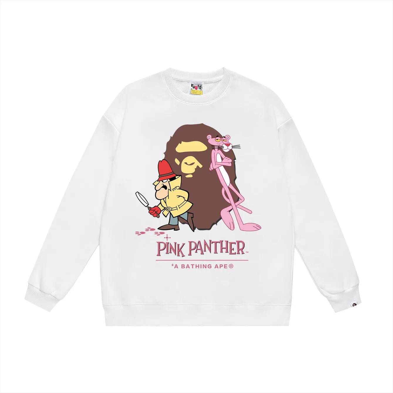 P150 model number SC481# terry 75 plus velvet 80 (top version) BAPE KIDS co-branded pink panther ape head print round neck sweatshirt. Made of 350g large terry (drop shoulder large version) fabric, soft texture and no pilling. Imported environmentally friendly printing glue. Bright and three-dimensional pattern. Quality 💥Same style for men and women. The upper body is trendy. Color: black white gray Size: S M L XL XXL