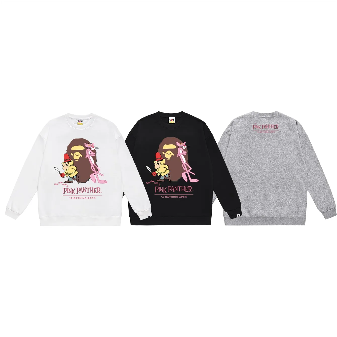 P150 model number SC481# terry 75 plus velvet 80 (top version) BAPE KIDS co-branded pink panther ape head print round neck sweatshirt. Made of 350g large terry (drop shoulder large version) fabric, soft texture and no pilling. Imported environmentally friendly printing glue. Bright and three-dimensional pattern. Quality 💥Same style for men and women. The upper body is trendy. Color: black white gray Size: S M L XL XXL