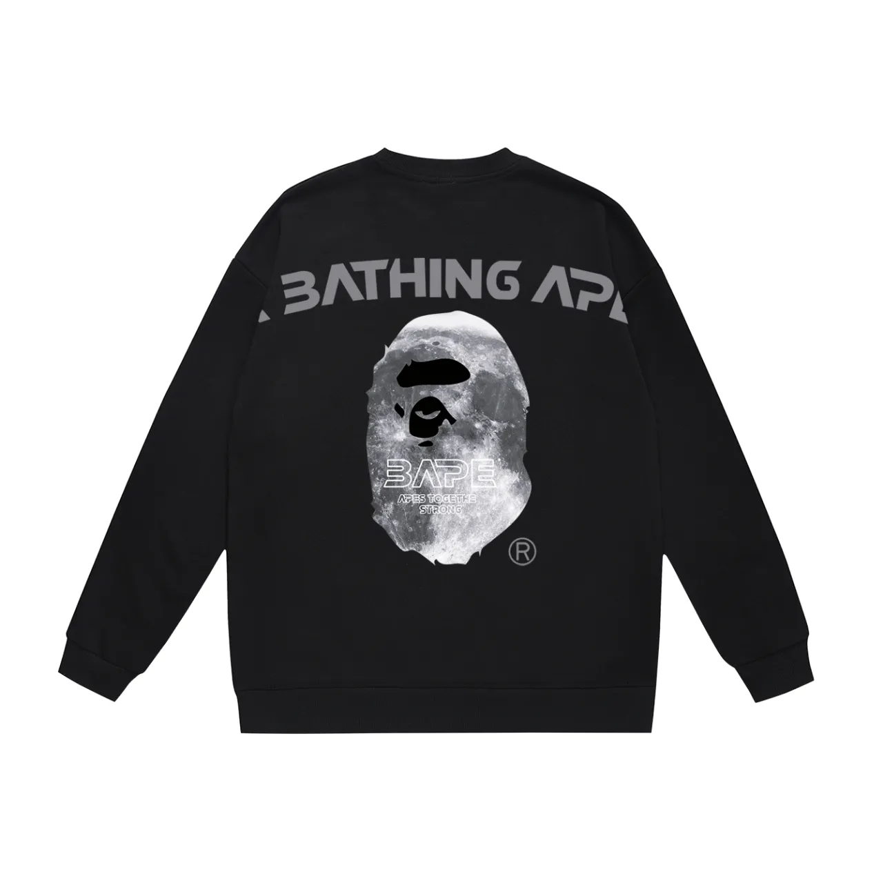 P150 model number SC479# terry 75 plus velvet 80 (top version) BAPE ape moon letter printed round neck sweatshirt Made of 350g large terry (drop shoulder large version) fabric, soft texture and no pilling Imported environmentally friendly printing glue The pattern is bright and three-dimensional Quality 💥Same style for men and women The upper body is trendy Color: black white gray Size: S M L XL XXL