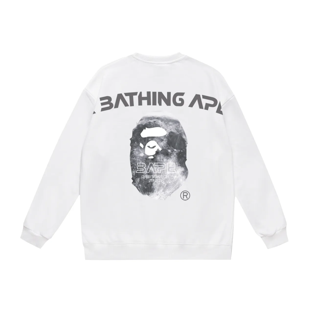 P150 model number SC479# terry 75 plus velvet 80 (top version) BAPE ape moon letter printed round neck sweatshirt Made of 350g large terry (drop shoulder large version) fabric, soft texture and no pilling Imported environmentally friendly printing glue The pattern is bright and three-dimensional Quality 💥Same style for men and women The upper body is trendy Color: black white gray Size: S M L XL XXL