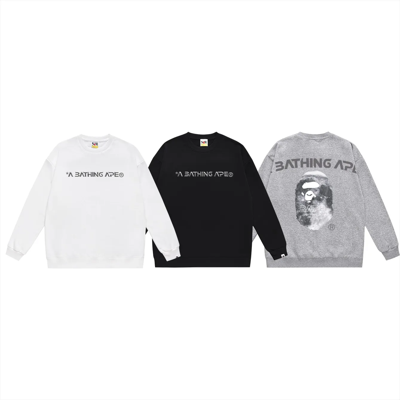P150 model number SC479# terry 75 plus velvet 80 (top version) BAPE ape moon letter printed round neck sweatshirt Made of 350g large terry (drop shoulder large version) fabric, soft texture and no pilling Imported environmentally friendly printing glue The pattern is bright and three-dimensional Quality 💥Same style for men and women The upper body is trendy Color: black white gray Size: S M L XL XXL