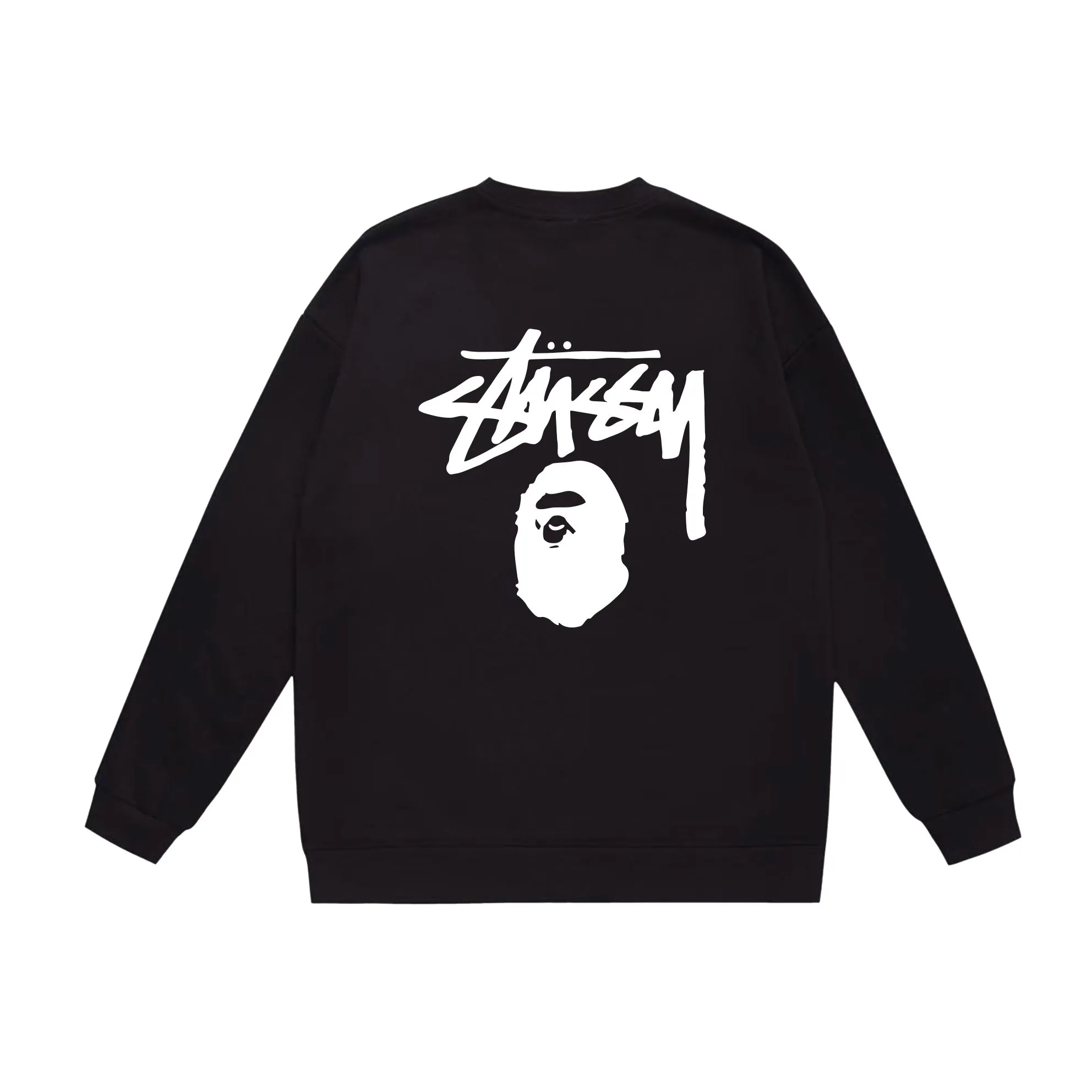 P150 model number SC501# terry 75 plus velvet 80 (top version) BAPE×STUSSY co-branded Stussy letter round neck sweatshirt Made of 350 grams of large terry (drop shoulder large version) fabric, soft texture and no pilling Imported environmentally friendly printing glue The pattern is bright and three-dimensional Quality 💥Same style for men and women The upper body is trendy Color: black white gray Size: S M L XL XXL
