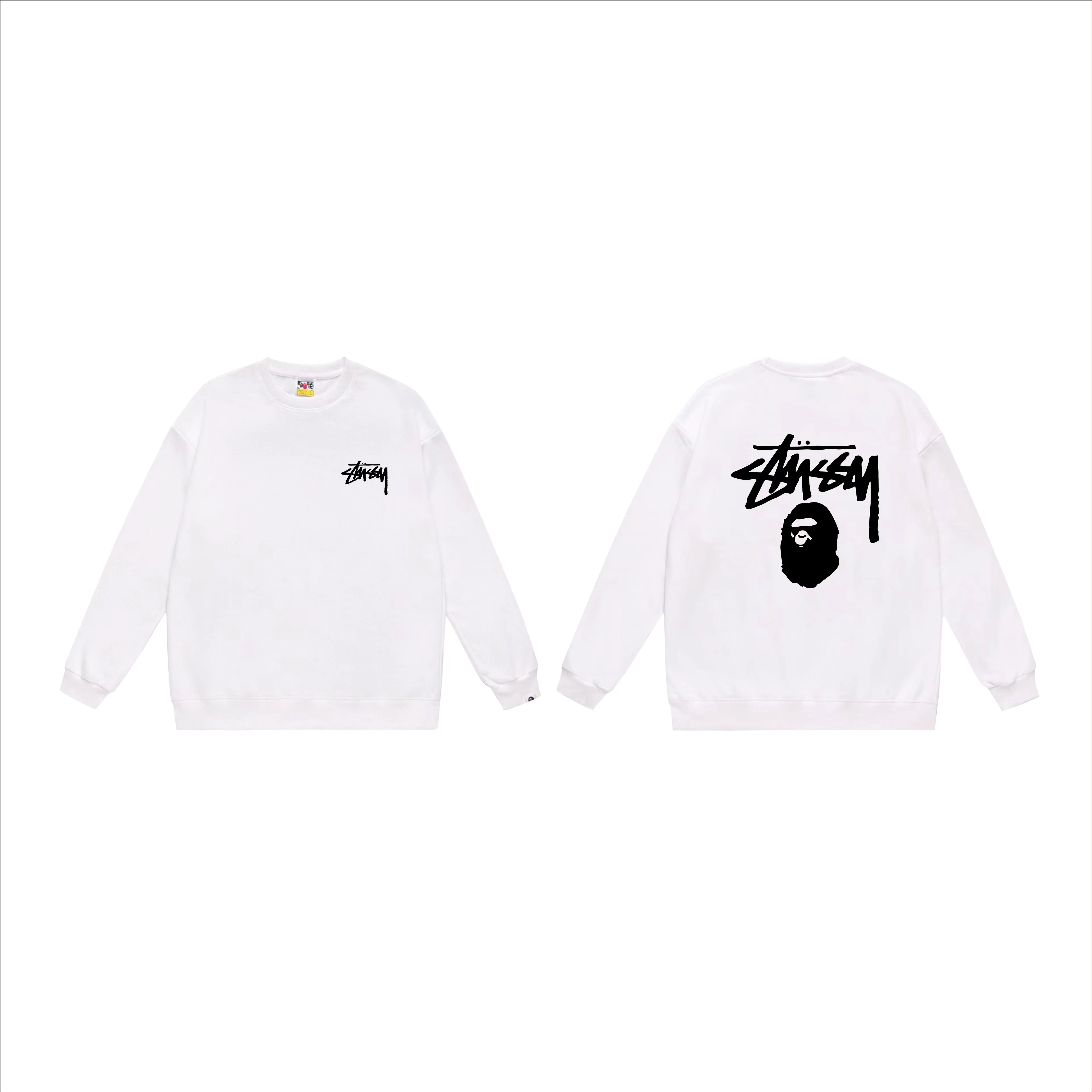 P150 model number SC501# terry 75 plus velvet 80 (top version) BAPE×STUSSY co-branded Stussy letter round neck sweatshirt Made of 350 grams of large terry (drop shoulder large version) fabric, soft texture and no pilling Imported environmentally friendly printing glue The pattern is bright and three-dimensional Quality 💥Same style for men and women The upper body is trendy Color: black white gray Size: S M L XL XXL