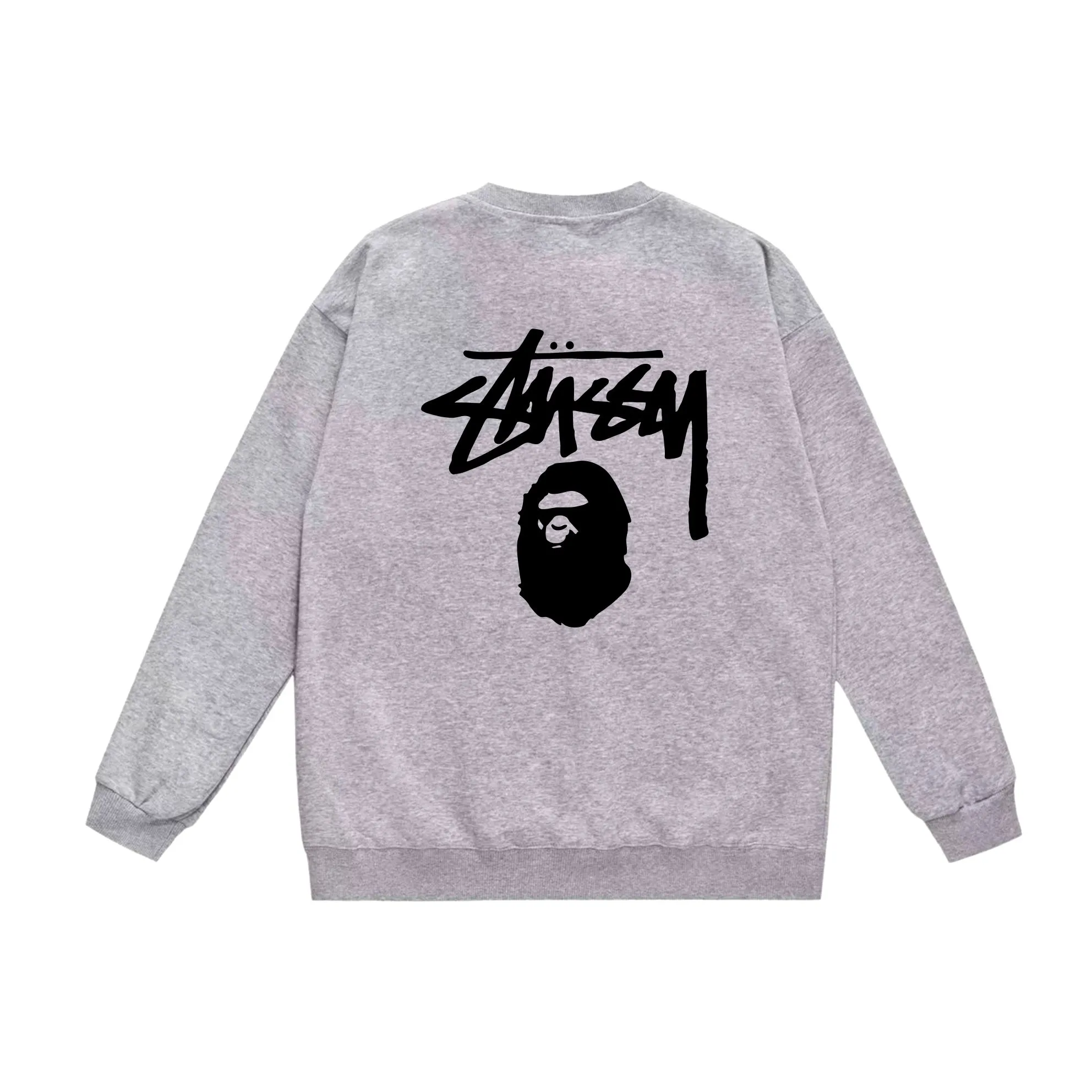 P150 model number SC501# terry 75 plus velvet 80 (top version) BAPE×STUSSY co-branded Stussy letter round neck sweatshirt Made of 350 grams of large terry (drop shoulder large version) fabric, soft texture and no pilling Imported environmentally friendly printing glue The pattern is bright and three-dimensional Quality 💥Same style for men and women The upper body is trendy Color: black white gray Size: S M L XL XXL