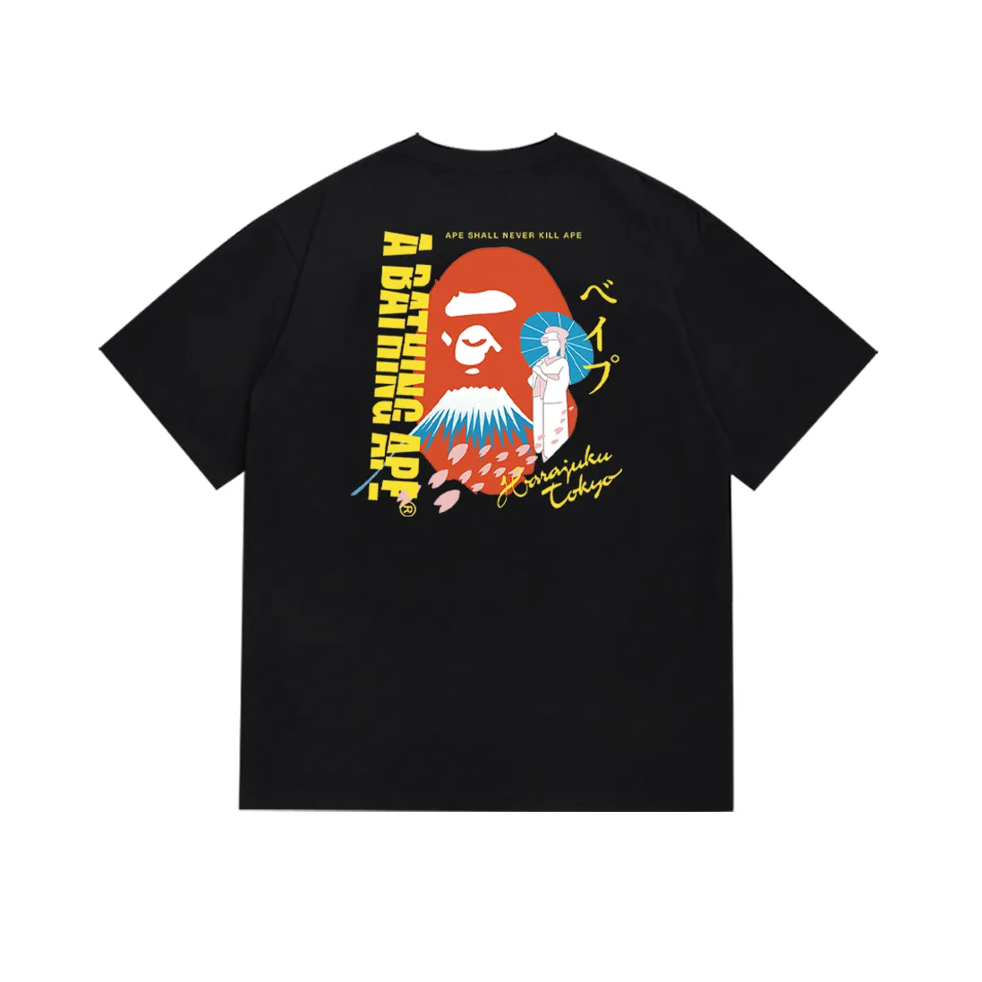 P110 SC034# (top version) BAPE Mount Fuji Monkey Man costume women's double-sided printed short-sleeved T-shirt Made of 260 grams of high-quality high-woven pure cotton fabric, double yarn combed, soft texture and no pilling Imported environmentally friendly printing glue The pattern is bright and three-dimensional Quality 💥 Same style for men and women The upper body is trendy Color: Black White Size: S M L XL XXL