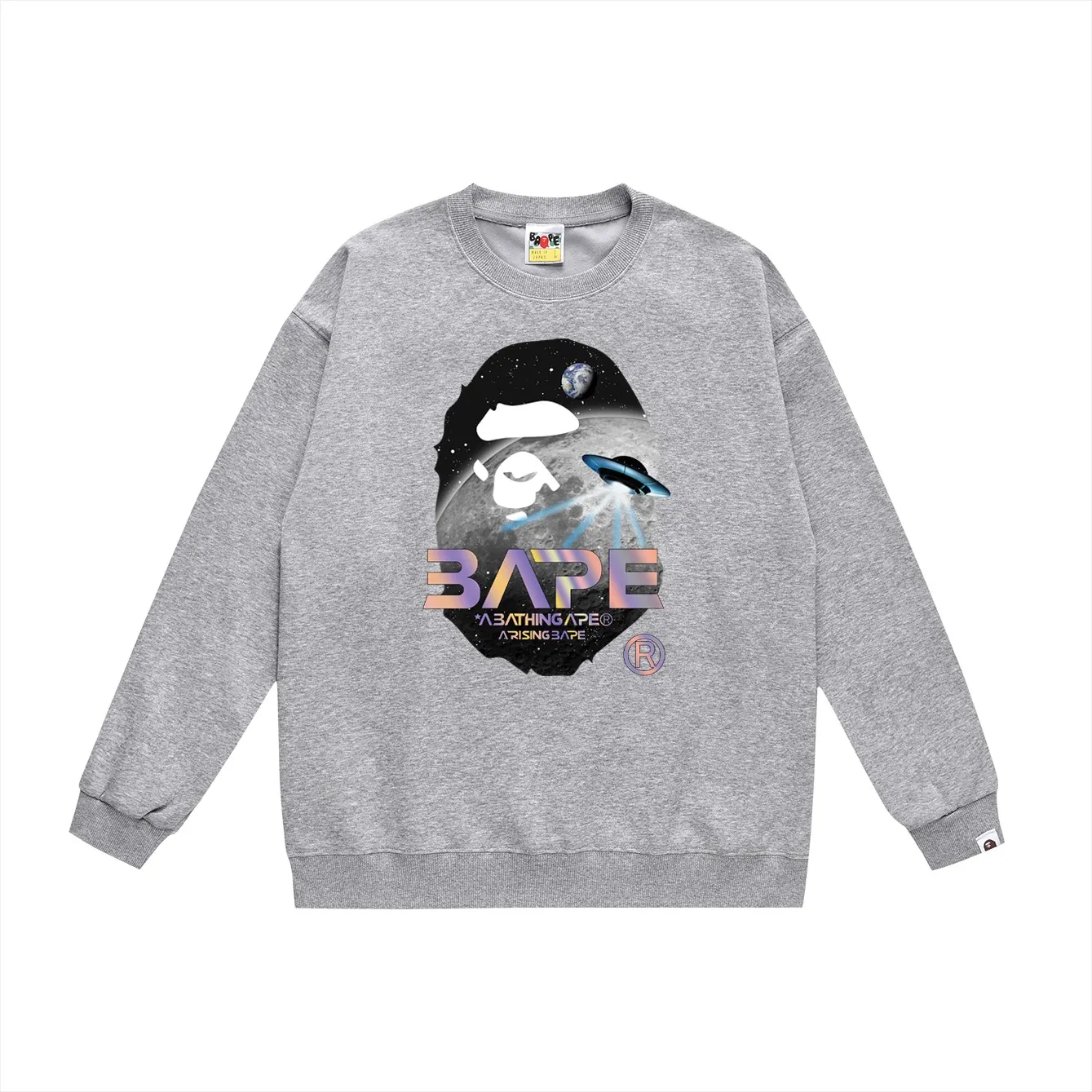 P150 model number SC458# terry 75 plus velvet 80 (top version) BAPE Mid-Autumn moon scene ape-head UFO laser letter pattern printed round neck sweatshirt Made of 350g large terry (drop shoulder large version) fabric, soft texture and no pilling Imported environmentally friendly printing glue The pattern is bright and three-dimensional Quality 💥Same style for men and women The upper body is trendy Color: black white gray Size: S M L XL XXL