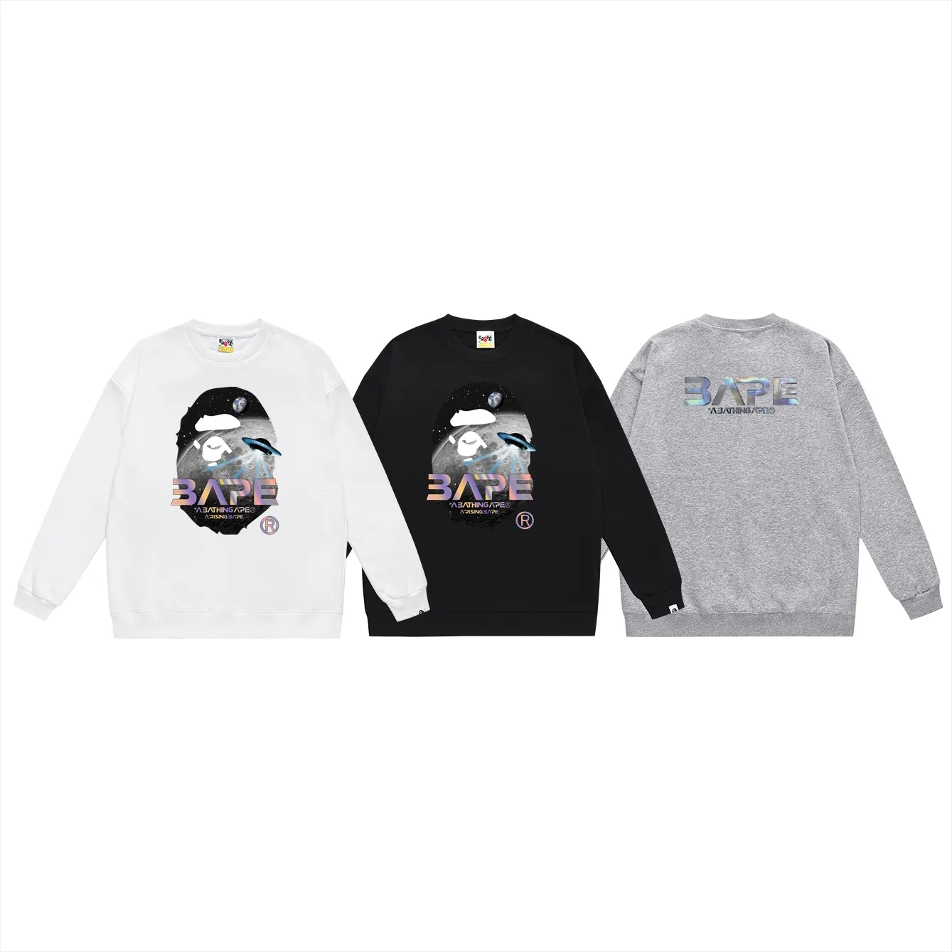 P150 model number SC458# terry 75 plus velvet 80 (top version) BAPE Mid-Autumn moon scene ape-head UFO laser letter pattern printed round neck sweatshirt Made of 350g large terry (drop shoulder large version) fabric, soft texture and no pilling Imported environmentally friendly printing glue The pattern is bright and three-dimensional Quality 💥Same style for men and women The upper body is trendy Color: black white gray Size: S M L XL XXL