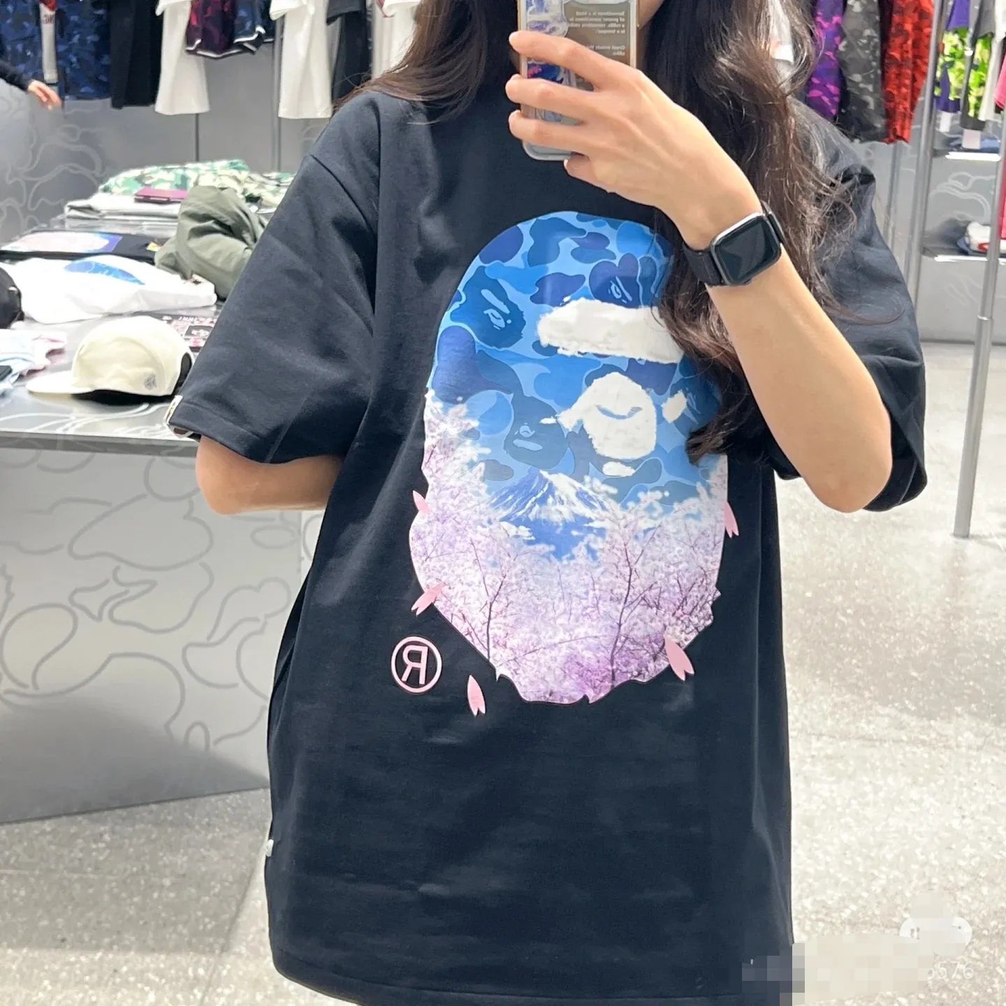 P110 00123 A BATHING APE BAPE SS23 SAKURA cherry blossom series cherry blossom print round neck loose short-sleeved T-shirt, same style for men and women, size smlxlxxl, black and white