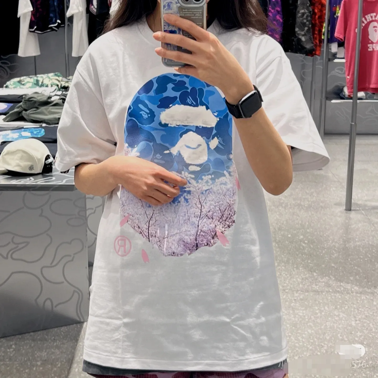 P110 00123 A BATHING APE BAPE SS23 SAKURA cherry blossom series cherry blossom print round neck loose short-sleeved T-shirt, same style for men and women, size smlxlxxl, black and white