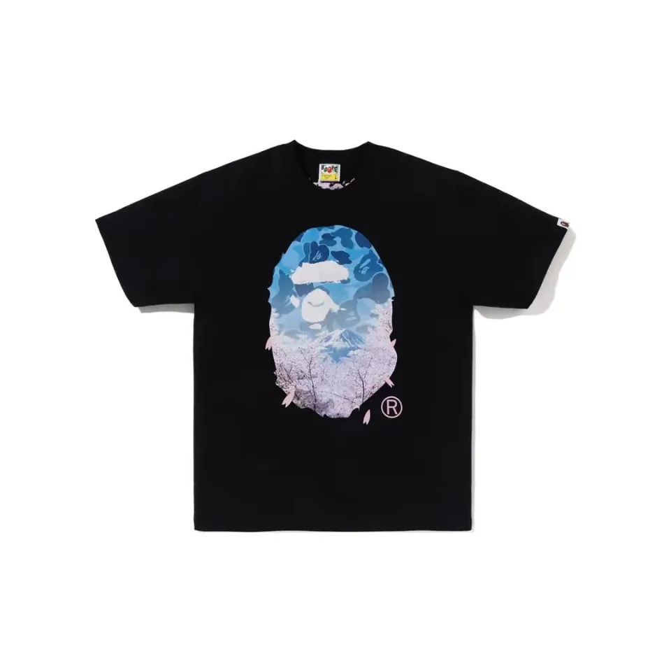 P110 00123 A BATHING APE BAPE SS23 SAKURA cherry blossom series cherry blossom print round neck loose short-sleeved T-shirt, same style for men and women, size smlxlxxl, black and white