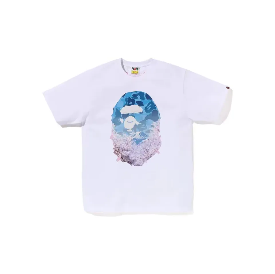 P110 00123 A BATHING APE BAPE SS23 SAKURA cherry blossom series cherry blossom print round neck loose short-sleeved T-shirt, same style for men and women, size smlxlxxl, black and white