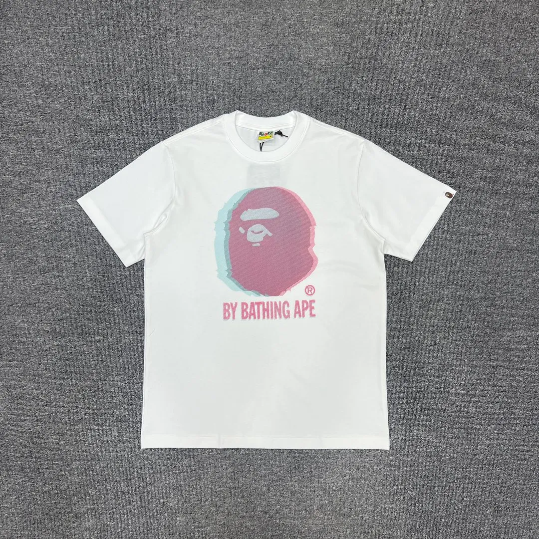 💰140 BAPE GLITCH ART COLLEGE TEE Faulty phantom art laminated great ape head print 280g weight linen cotton fabric ZP version Couple style: S—XXL [Black White]