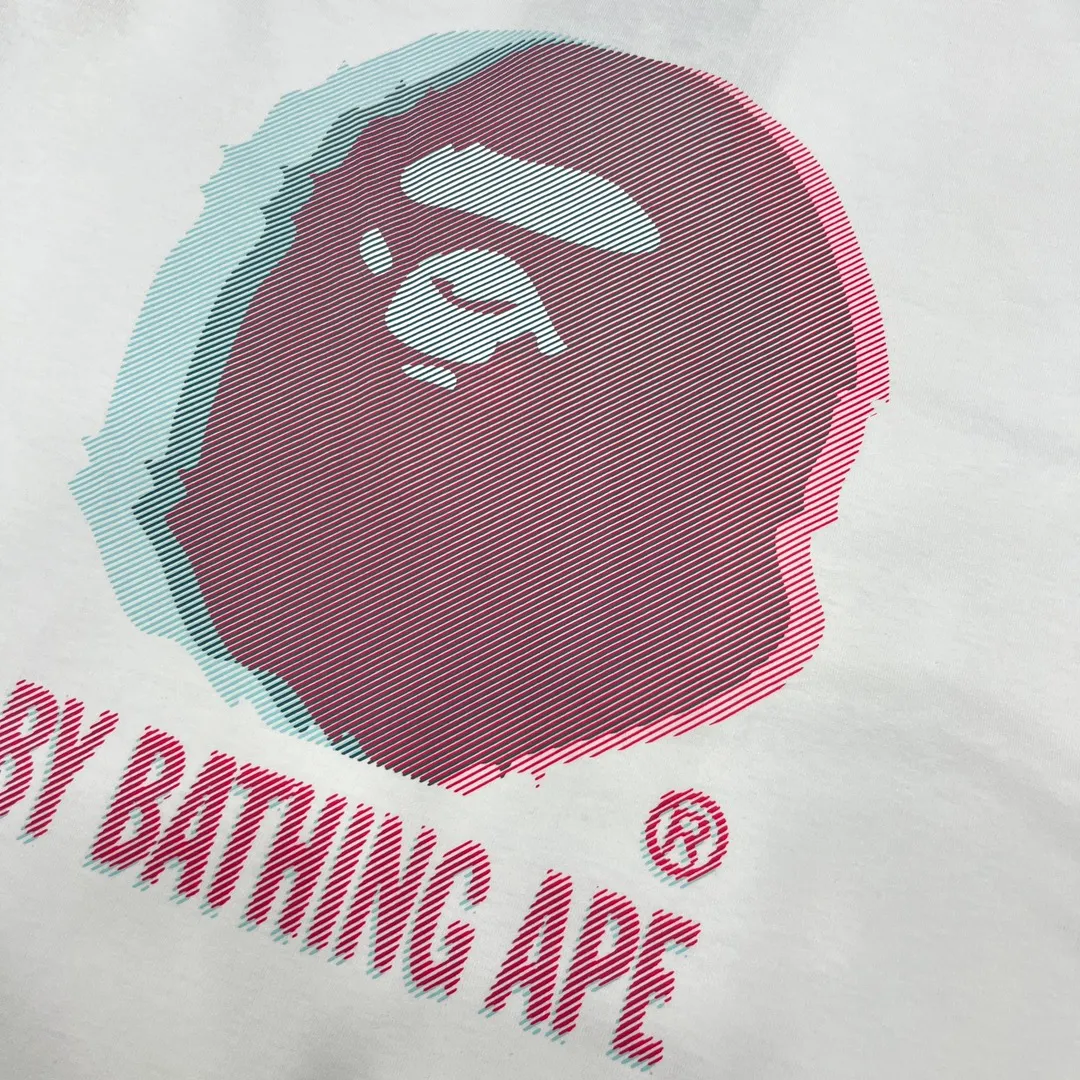 💰140 BAPE GLITCH ART COLLEGE TEE Faulty phantom art laminated great ape head print 280g weight linen cotton fabric ZP version Couple style: S—XXL [Black White]