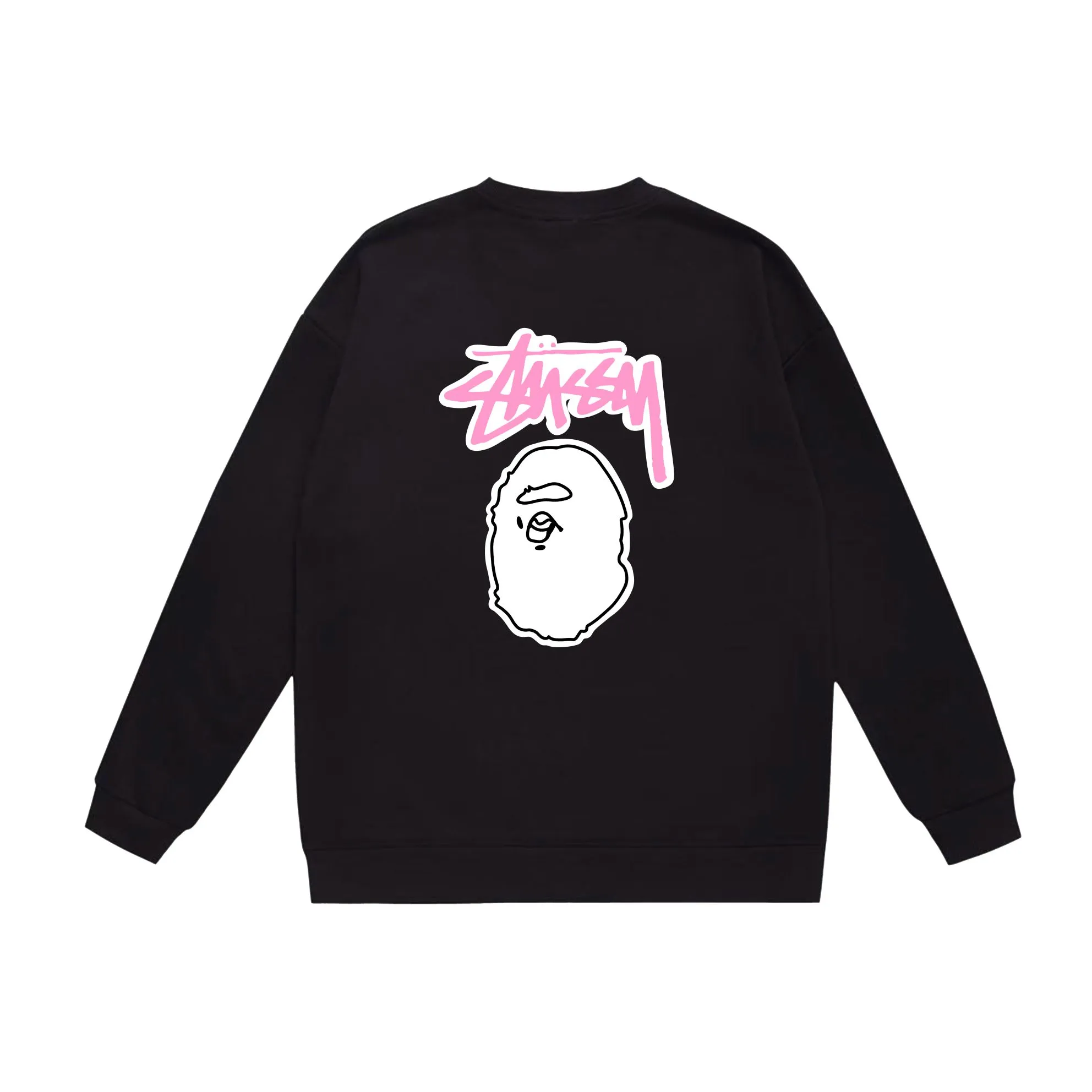 P150 model number SC506# terry 75 plus velvet 80 (top version) BAPE×STUSSY co-branded Stussy letter round neck sweatshirt Made of 350 grams of large terry (drop shoulder large version) fabric, soft texture and no pilling Imported environmentally friendly printing glue The pattern is bright and three-dimensional Quality 💥Same style for men and women The upper body is trendy Color: black white gray Size: S M L XL XXL