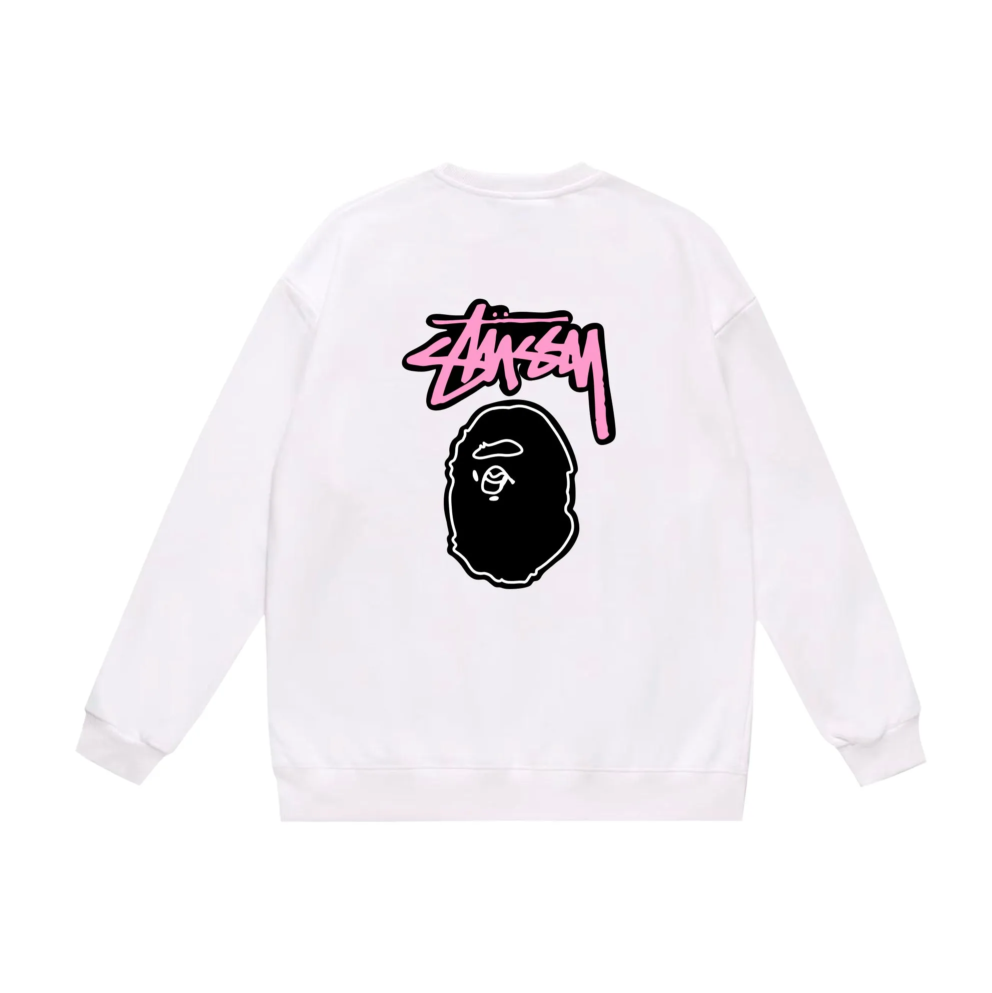 P150 model number SC506# terry 75 plus velvet 80 (top version) BAPE×STUSSY co-branded Stussy letter round neck sweatshirt Made of 350 grams of large terry (drop shoulder large version) fabric, soft texture and no pilling Imported environmentally friendly printing glue The pattern is bright and three-dimensional Quality 💥Same style for men and women The upper body is trendy Color: black white gray Size: S M L XL XXL