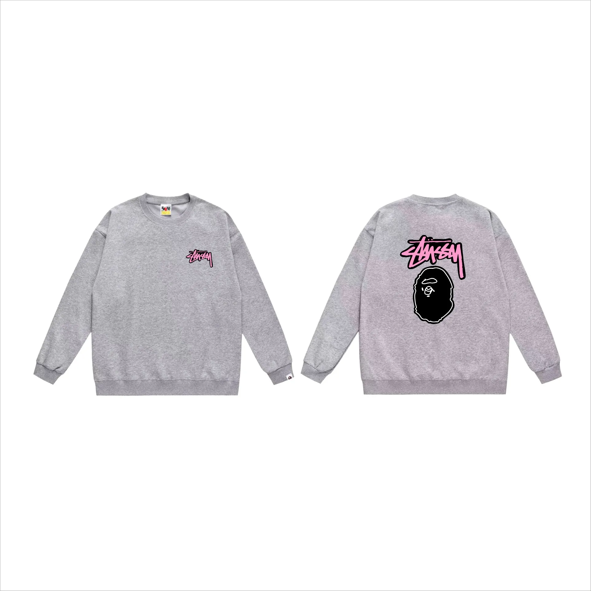 P150 model number SC506# terry 75 plus velvet 80 (top version) BAPE×STUSSY co-branded Stussy letter round neck sweatshirt Made of 350 grams of large terry (drop shoulder large version) fabric, soft texture and no pilling Imported environmentally friendly printing glue The pattern is bright and three-dimensional Quality 💥Same style for men and women The upper body is trendy Color: black white gray Size: S M L XL XXL