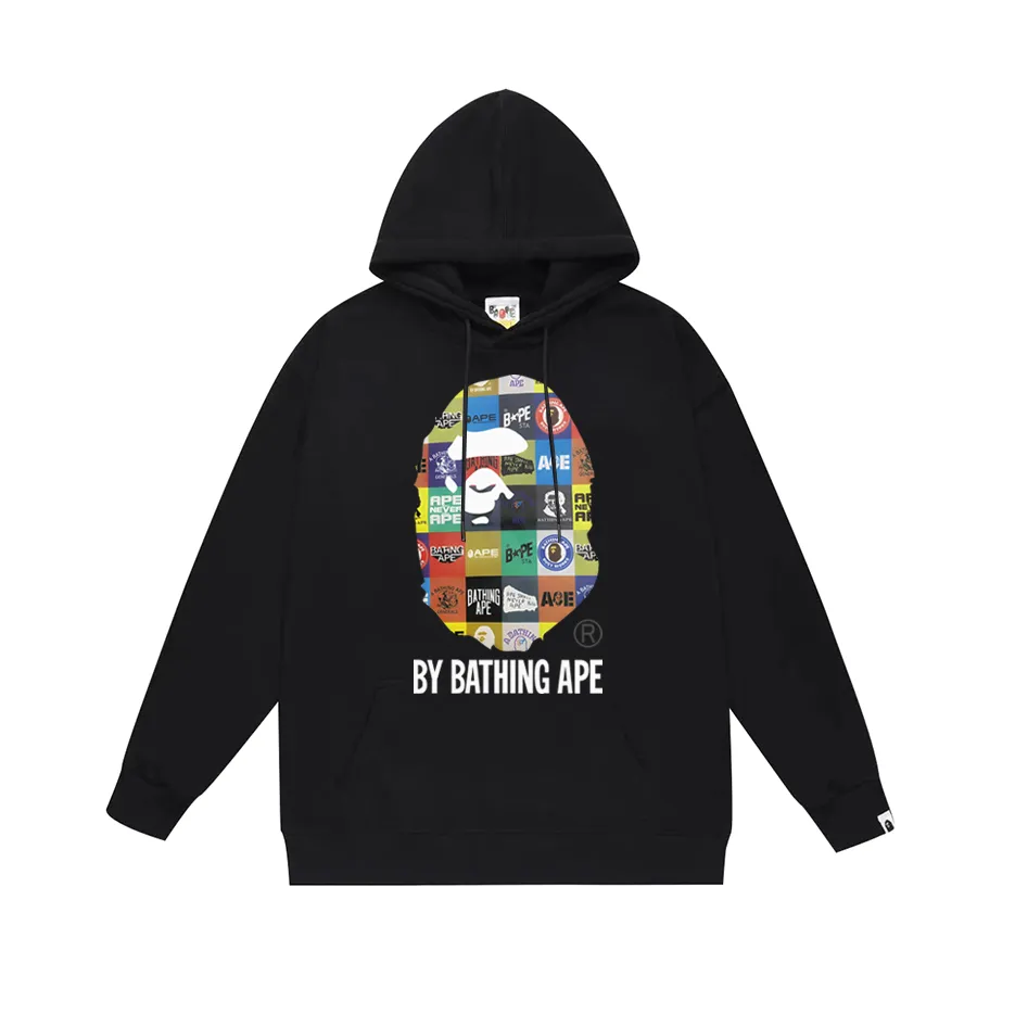 P190 model number SC606# terry 85 plus velvet 95 (top version) BAPE ape head cartoon icon printed hooded sweatshirt Made of 380 grams of large terry (drop shoulder large version) fabric, soft and non-pilling, imported environmentally friendly printing glue, bright and three-dimensional pattern, quality 💥Same style for men and women, the upper body is fashionable Color: black white gray Size: S M L XL XXL