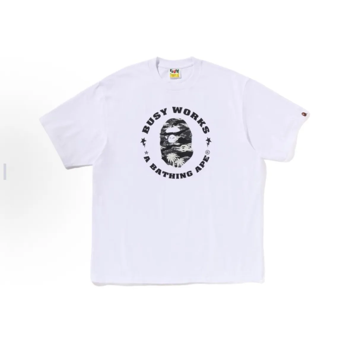 P110 001127 BAPE SS25 palm tree camouflage medallion short-sleeved T-shirt, same style for men and women, size smlxlxxl, black and white