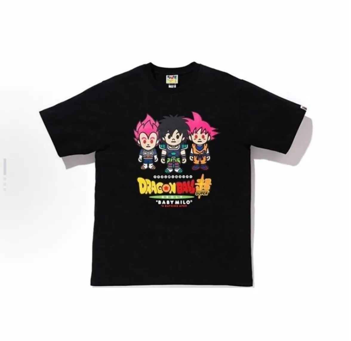 P110 001167 A BATHING APE Bape Super Broly Tee Dragon Ball Super joint Q version Broly printed short-sleeved T-shirt, same style for men and women, size smlxlxxl, black and white