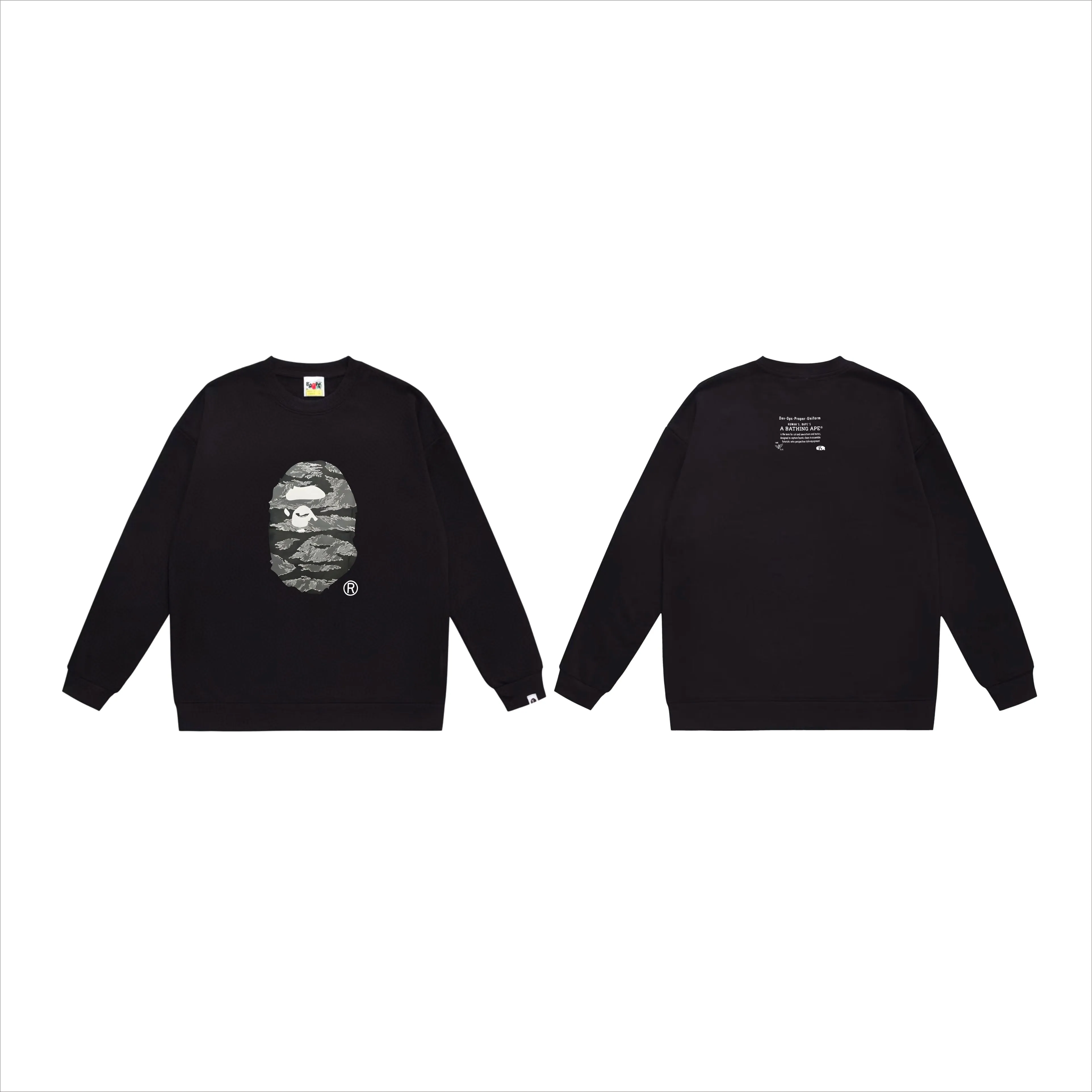 P170 model number SC553# terry 80 plus velvet 75 (top version) BAPE tiger stripe camouflage letters ape head print pattern round neck sweatshirt Made of 350g large terry (drop shoulder large version) fabric, soft texture and no pilling Imported environmentally friendly printing glue The pattern is bright and three-dimensional Quality 💥Same style for men and women The upper body is trendy Color: black white gray Size: S M L XL XXL