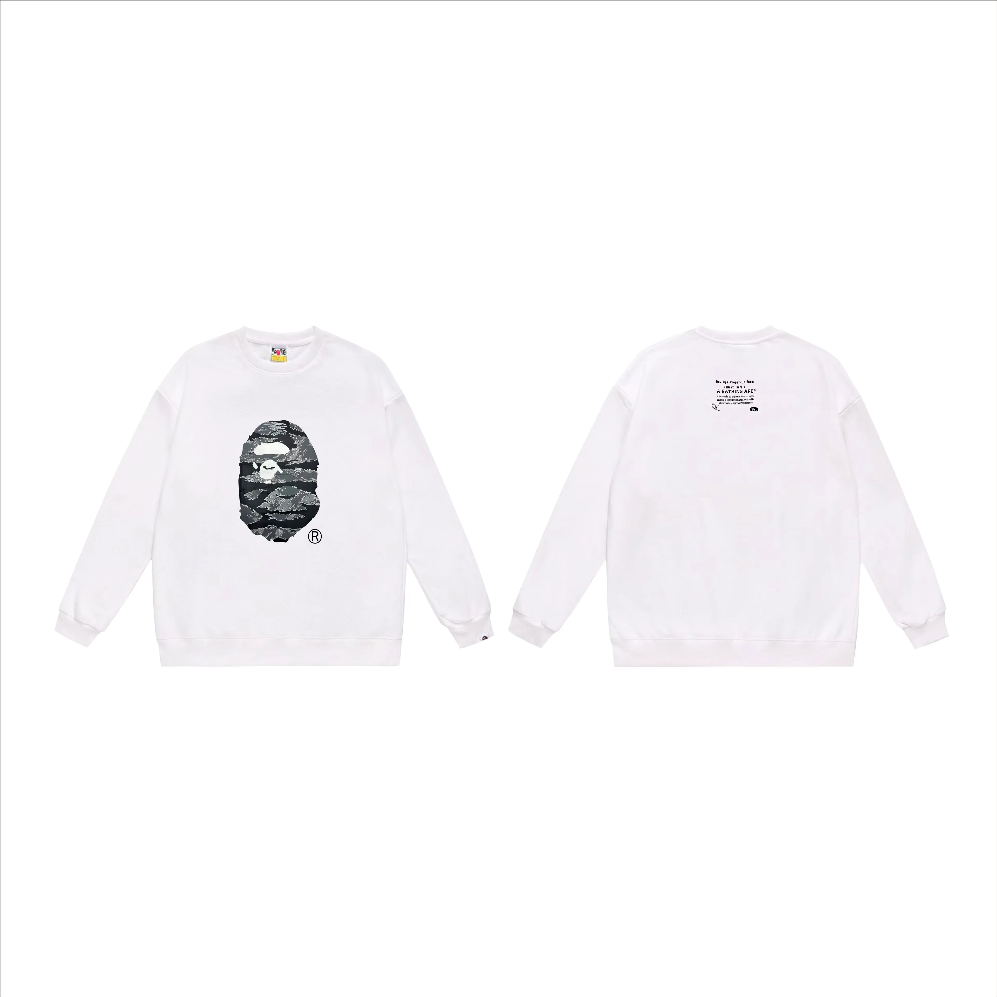 P170 model number SC553# terry 80 plus velvet 75 (top version) BAPE tiger stripe camouflage letters ape head print pattern round neck sweatshirt Made of 350g large terry (drop shoulder large version) fabric, soft texture and no pilling Imported environmentally friendly printing glue The pattern is bright and three-dimensional Quality 💥Same style for men and women The upper body is trendy Color: black white gray Size: S M L XL XXL
