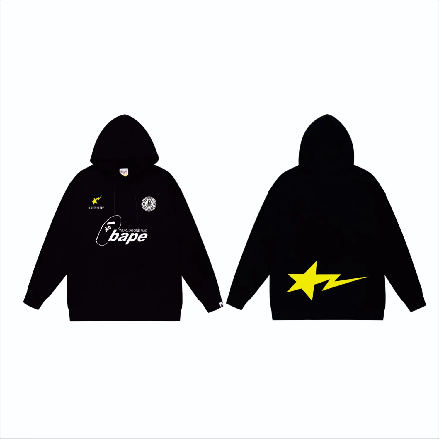 P160 model number SC863# terry 80 plus velvet 90 (top version) BAPE ape head letter contrast star print hooded sweatshirt. Made of 380 grams of large terry (drop shoulder large version) fabric. The texture is soft and non-pilling. Imported environmentally friendly printing glue. The pattern is bright and three-dimensional. Quality 💥Same style for men and women. The upper body is trendy. Color: black white gray Size: S M L XL XXL