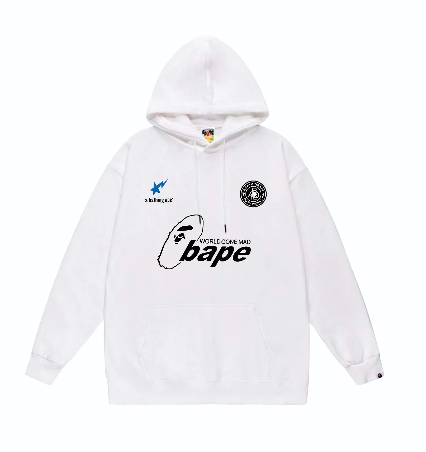 P160 model number SC863# terry 80 plus velvet 90 (top version) BAPE ape head letter contrast star print hooded sweatshirt. Made of 380 grams of large terry (drop shoulder large version) fabric. The texture is soft and non-pilling. Imported environmentally friendly printing glue. The pattern is bright and three-dimensional. Quality 💥Same style for men and women. The upper body is trendy. Color: black white gray Size: S M L XL XXL