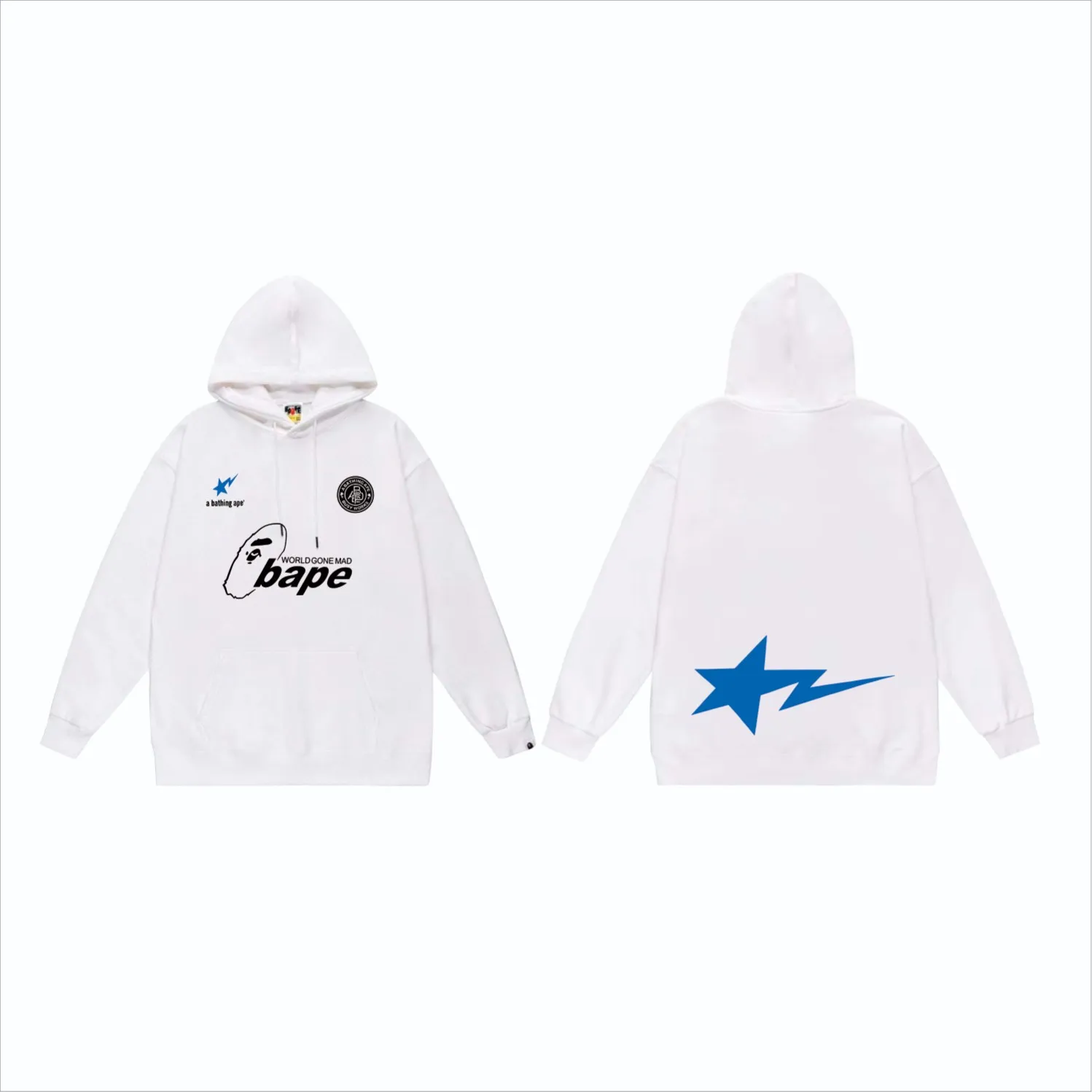 P160 model number SC863# terry 80 plus velvet 90 (top version) BAPE ape head letter contrast star print hooded sweatshirt. Made of 380 grams of large terry (drop shoulder large version) fabric. The texture is soft and non-pilling. Imported environmentally friendly printing glue. The pattern is bright and three-dimensional. Quality 💥Same style for men and women. The upper body is trendy. Color: black white gray Size: S M L XL XXL