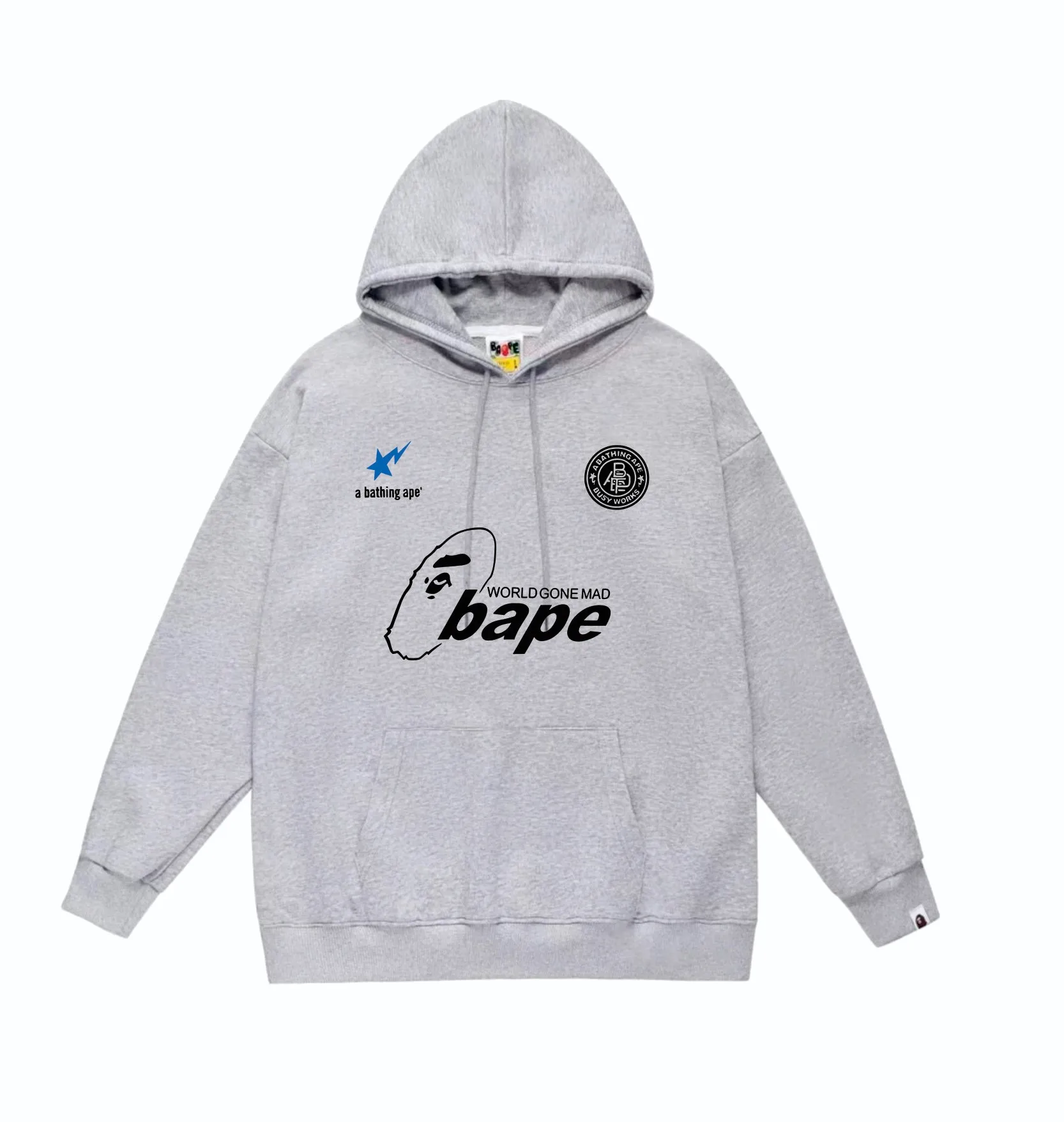 P160 model number SC863# terry 80 plus velvet 90 (top version) BAPE ape head letter contrast star print hooded sweatshirt. Made of 380 grams of large terry (drop shoulder large version) fabric. The texture is soft and non-pilling. Imported environmentally friendly printing glue. The pattern is bright and three-dimensional. Quality 💥Same style for men and women. The upper body is trendy. Color: black white gray Size: S M L XL XXL