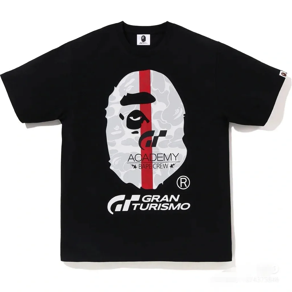 P110 001147 BAPE x GRAN TURISMO joint model SS23 Ape Logo printed round neck short-sleeved T-shirt, same style for men and women, size smlxlxxl, black and white