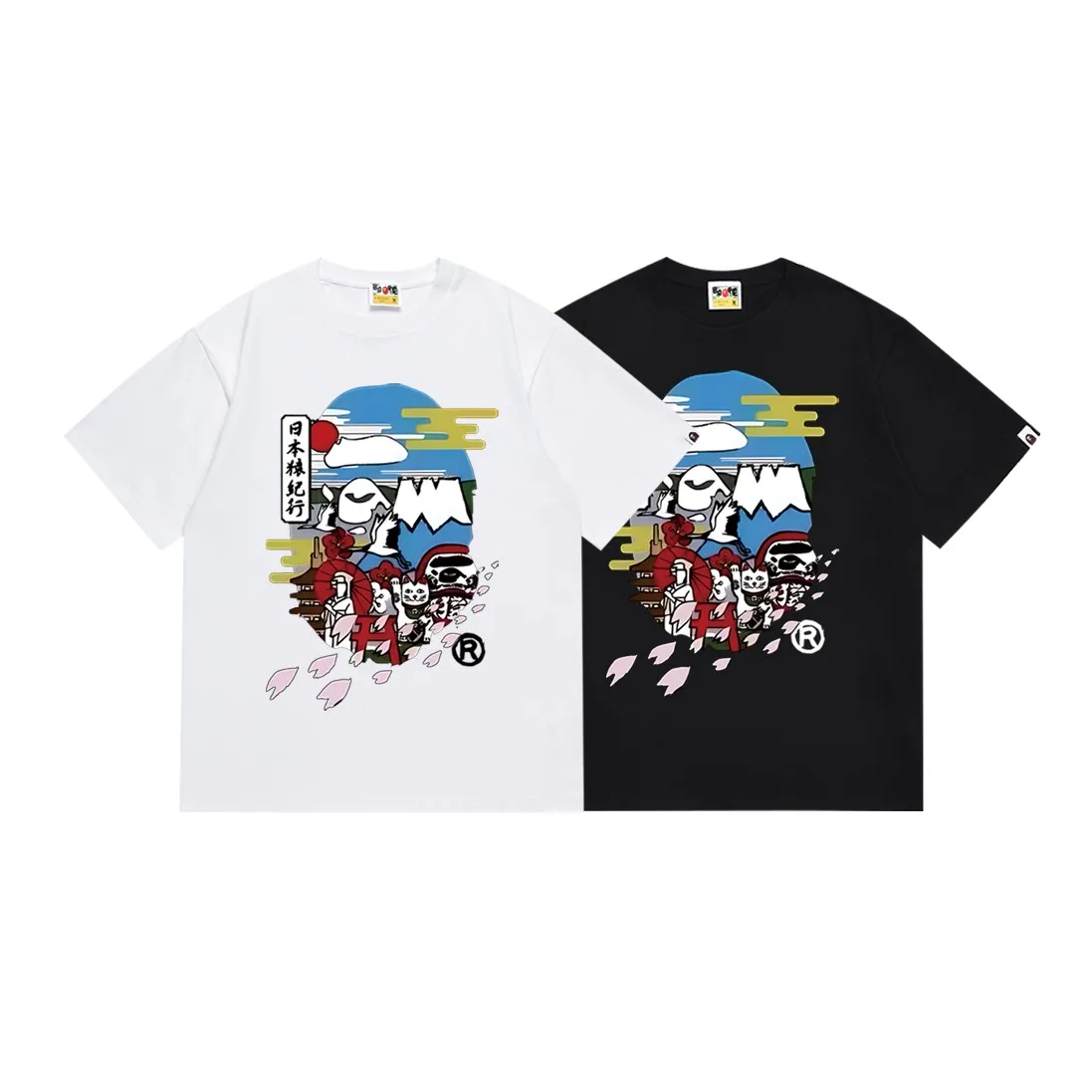SC165#p110💰 (Top version) BAPE Japanese Monkey Monkey Monkey Wealth Cat printed short-sleeved T-shirt Made of 260 grams of high-quality high-weave pure cotton fabric, double yarn combed, soft texture and no pilling Imported environmentally friendly printing glue, bright and three-dimensional pattern, quality 💥Same style for men and women, the upper body is fashionable Color: black white Size: S M L XL XXL