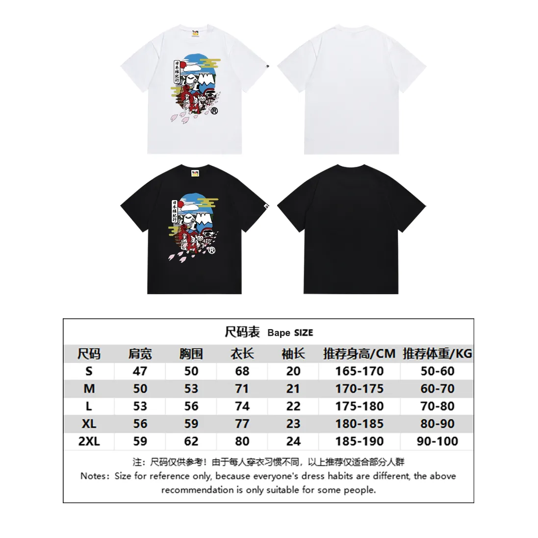 SC165#p110💰 (Top version) BAPE Japanese Monkey Monkey Monkey Wealth Cat printed short-sleeved T-shirt Made of 260 grams of high-quality high-weave pure cotton fabric, double yarn combed, soft texture and no pilling Imported environmentally friendly printing glue, bright and three-dimensional pattern, quality 💥Same style for men and women, the upper body is fashionable Color: black white Size: S M L XL XXL
